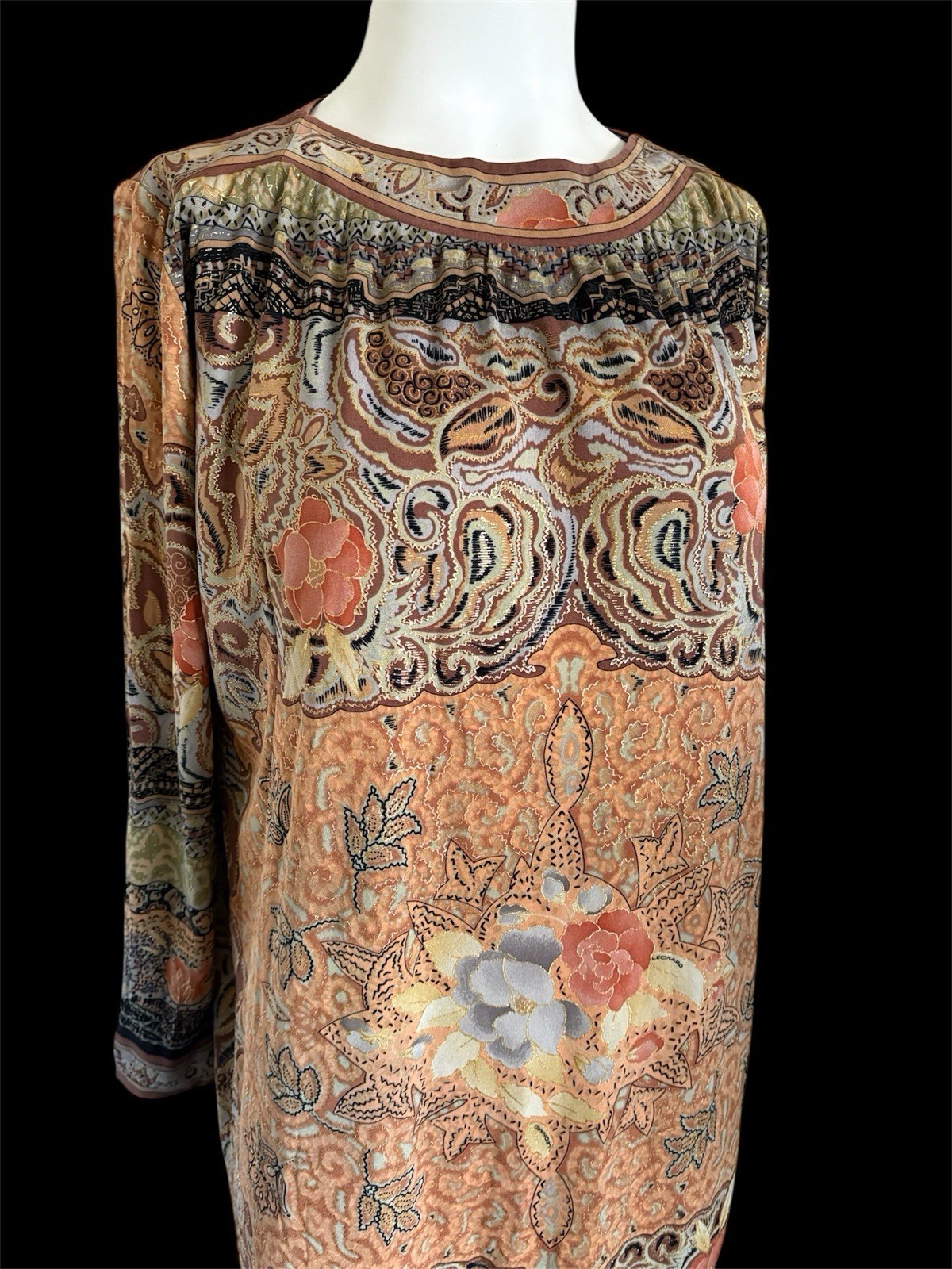 Vintage 70’s LEONARD Paris Silk Jersey Boho Floral Paisley Metallic Dress M-L