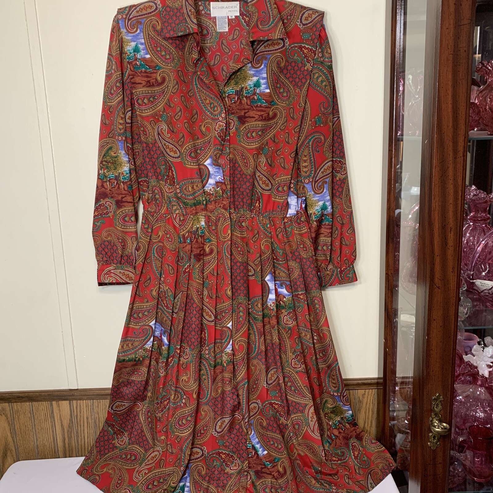 Vintage Horse Print Dress Equestrian Fox Hunt Size 14 P MIDI Fit Flare RARE*