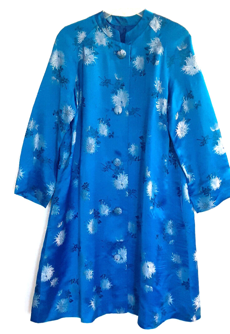 VTG Harilela’s Custom Oriental Peacock Blue Satin Floral Swing Coat Hong Kong L