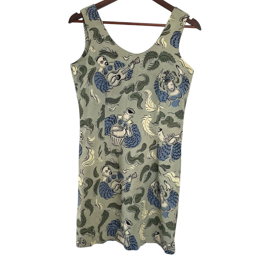 Vtg 90s Picante Mini Sun Dress XS Green Flamenco Salsa Dancers Musician Print