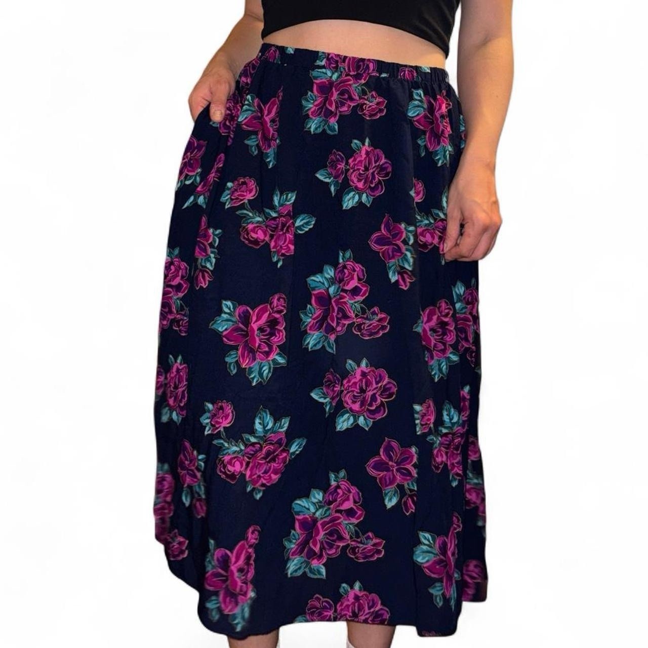 80s vintage navy blue and pink floral maxi skirt with elastic waistband !!