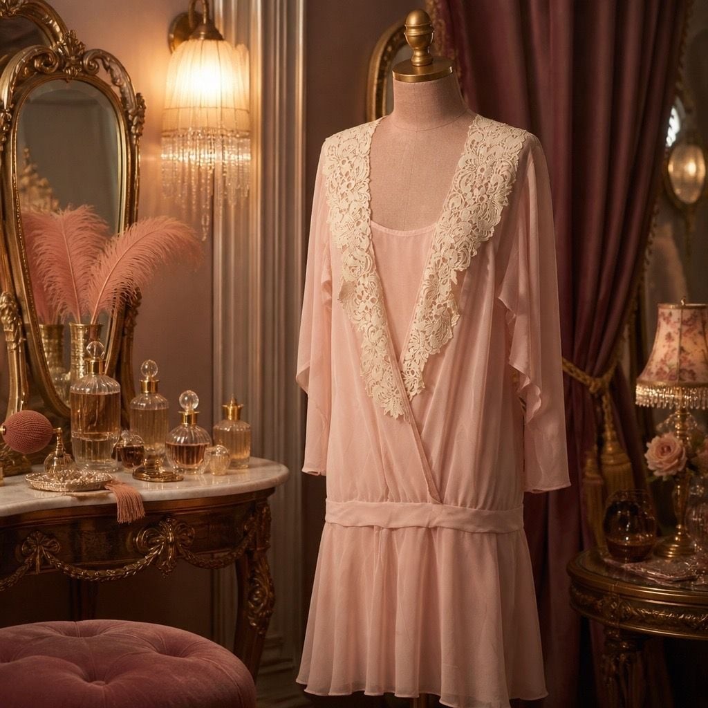 Vintage Casadei Pale Pink Drop Waist Chiffon Midi Dress with Lace Collar Detail