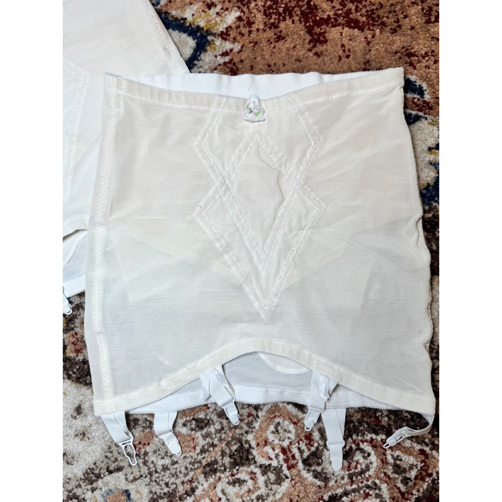 Vintage High Waisted Girdle Set Cream Diamond Stitch Garter Clips Large 29/30