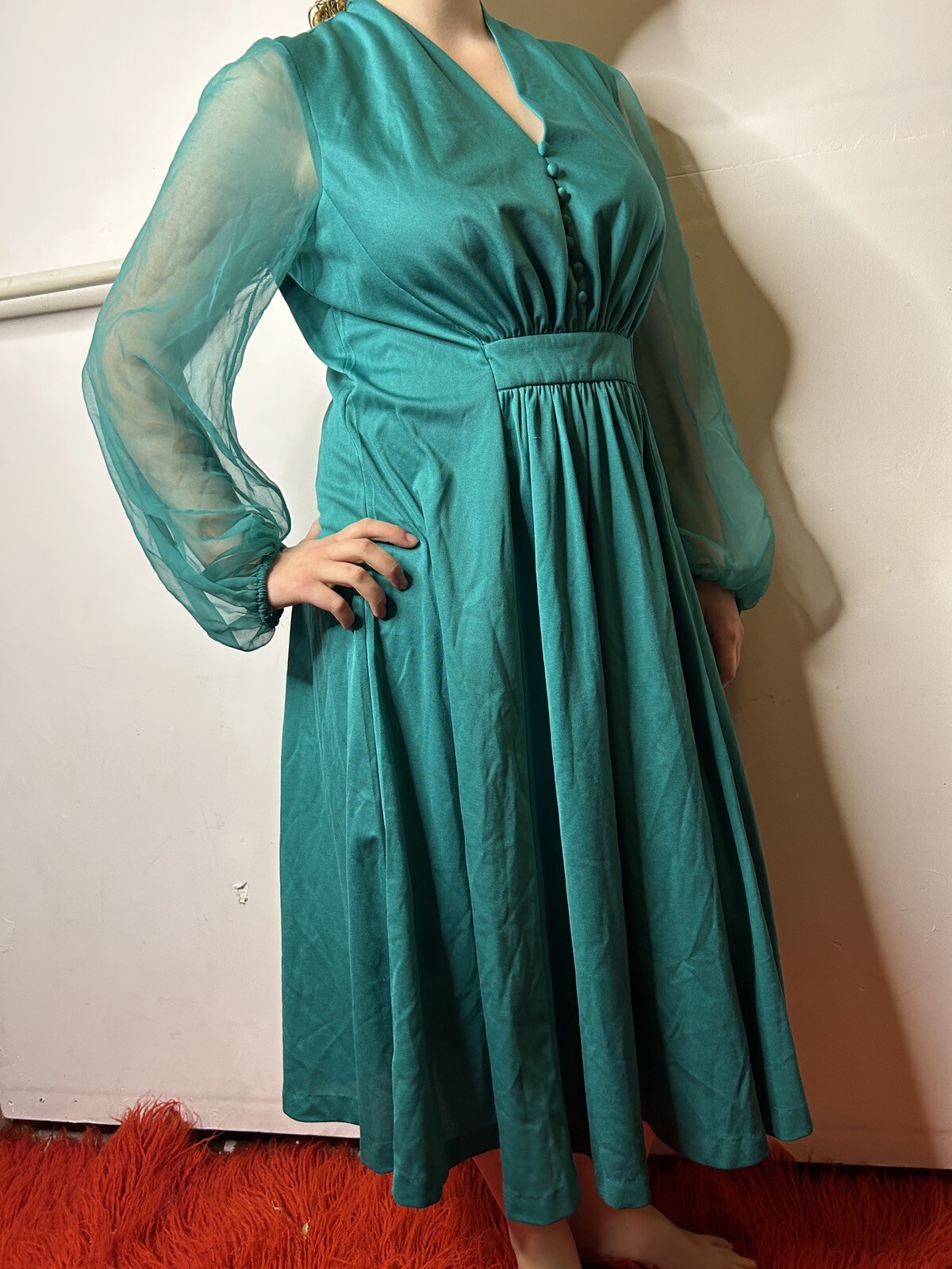 Vintage 1980s does 70s Teal Midi Caftan Dress Chiffon Sleeves Prairie Boho AU 14