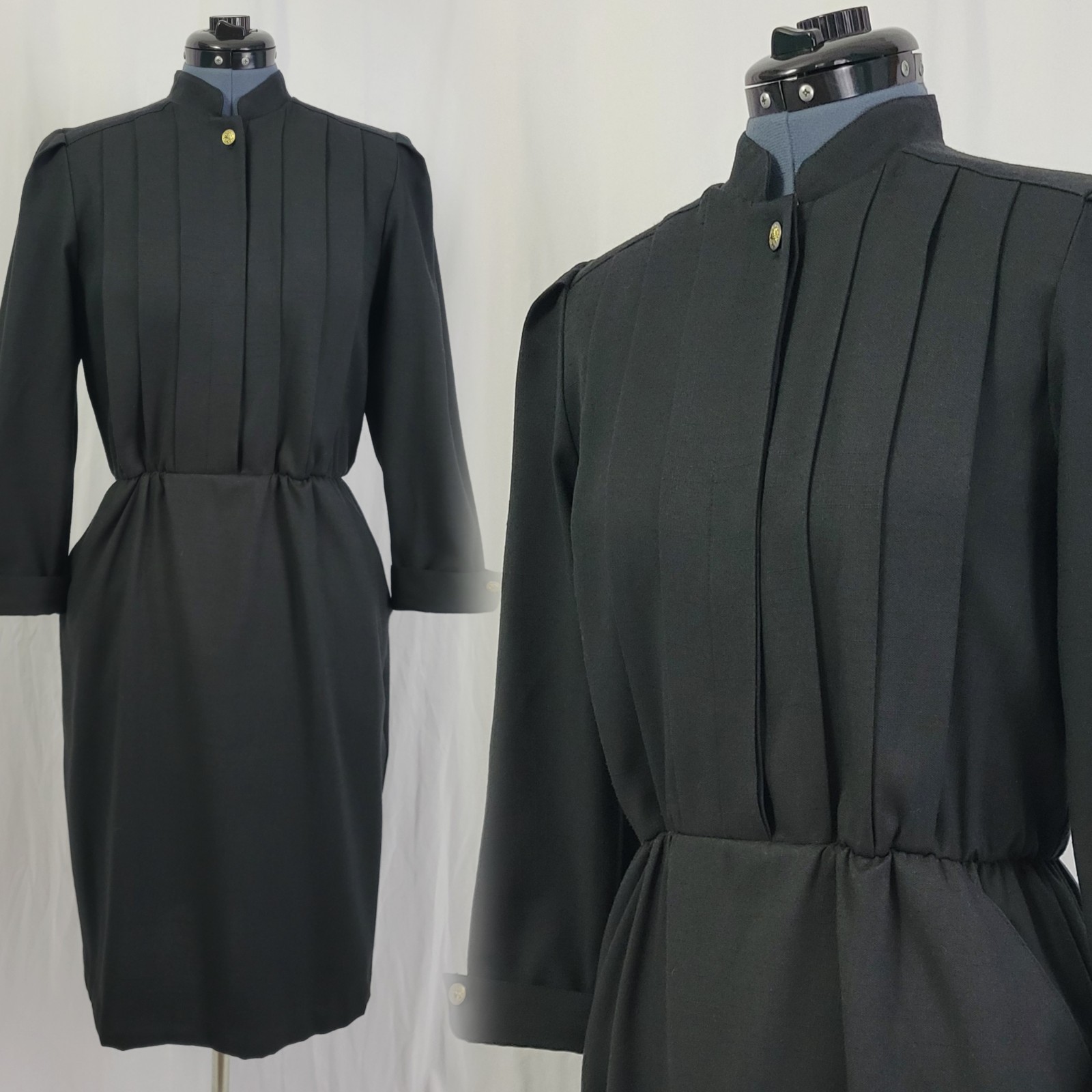 Vintage Sabino Black Blouson Dress w Pleated Bodice & Slim Skirt Size 8