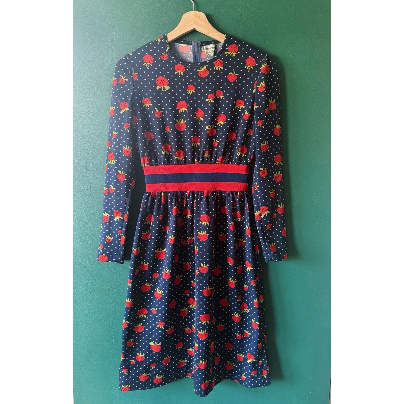 Vintage 60s 70s Strawberry Dress Polka Dot Mod Novelty Print Small Navy Red