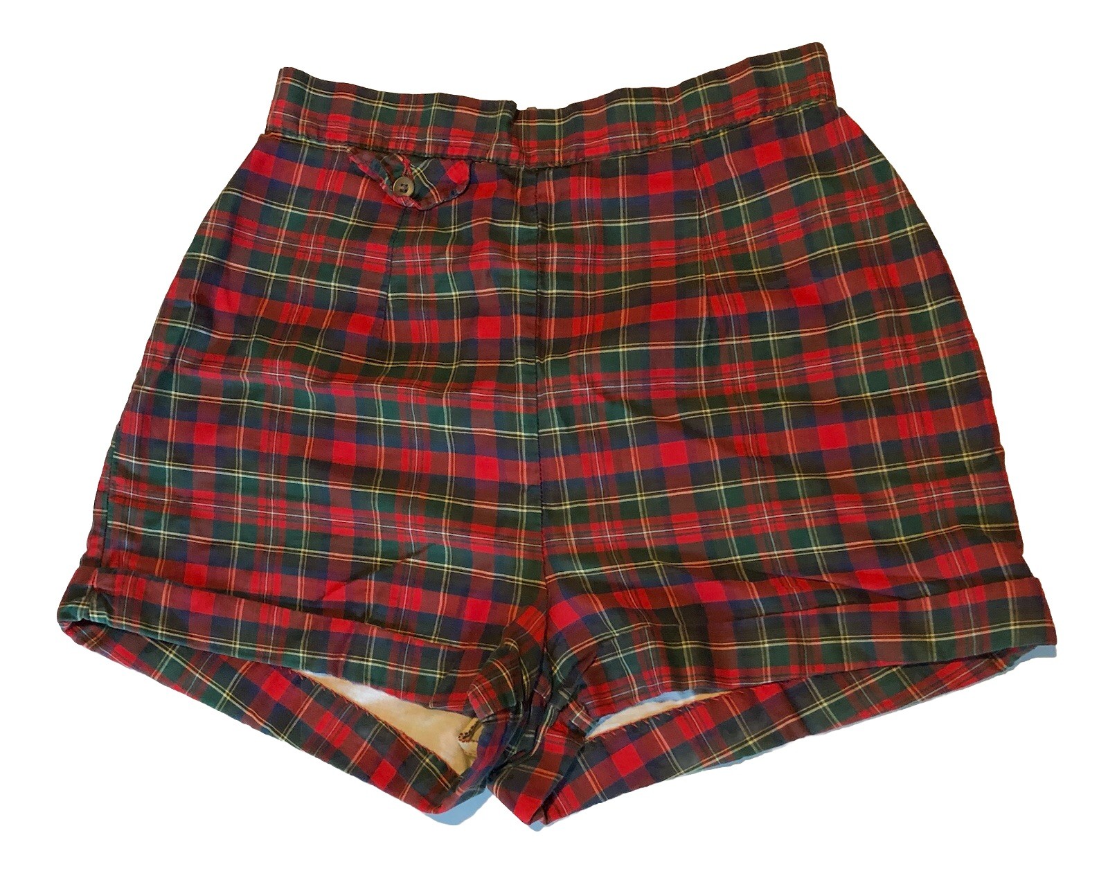 Vintage 1950s Red Plaid High Waist Shorts back Zip Rockabilly Pinup W27 H38