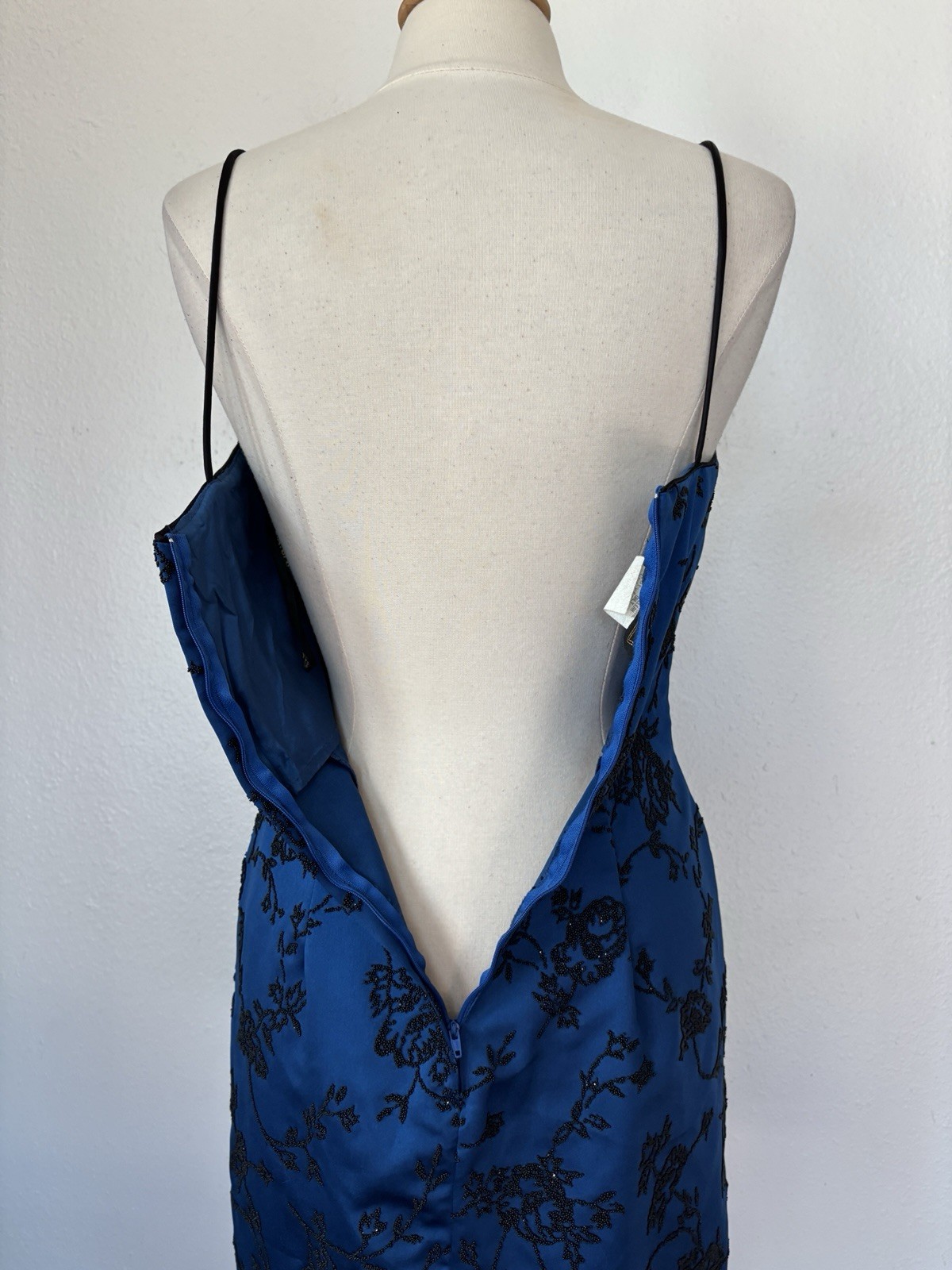 Vintage Sapphire Blue Floral Beaded Spaghetti Strap Cocktail Dress Sz 9/10