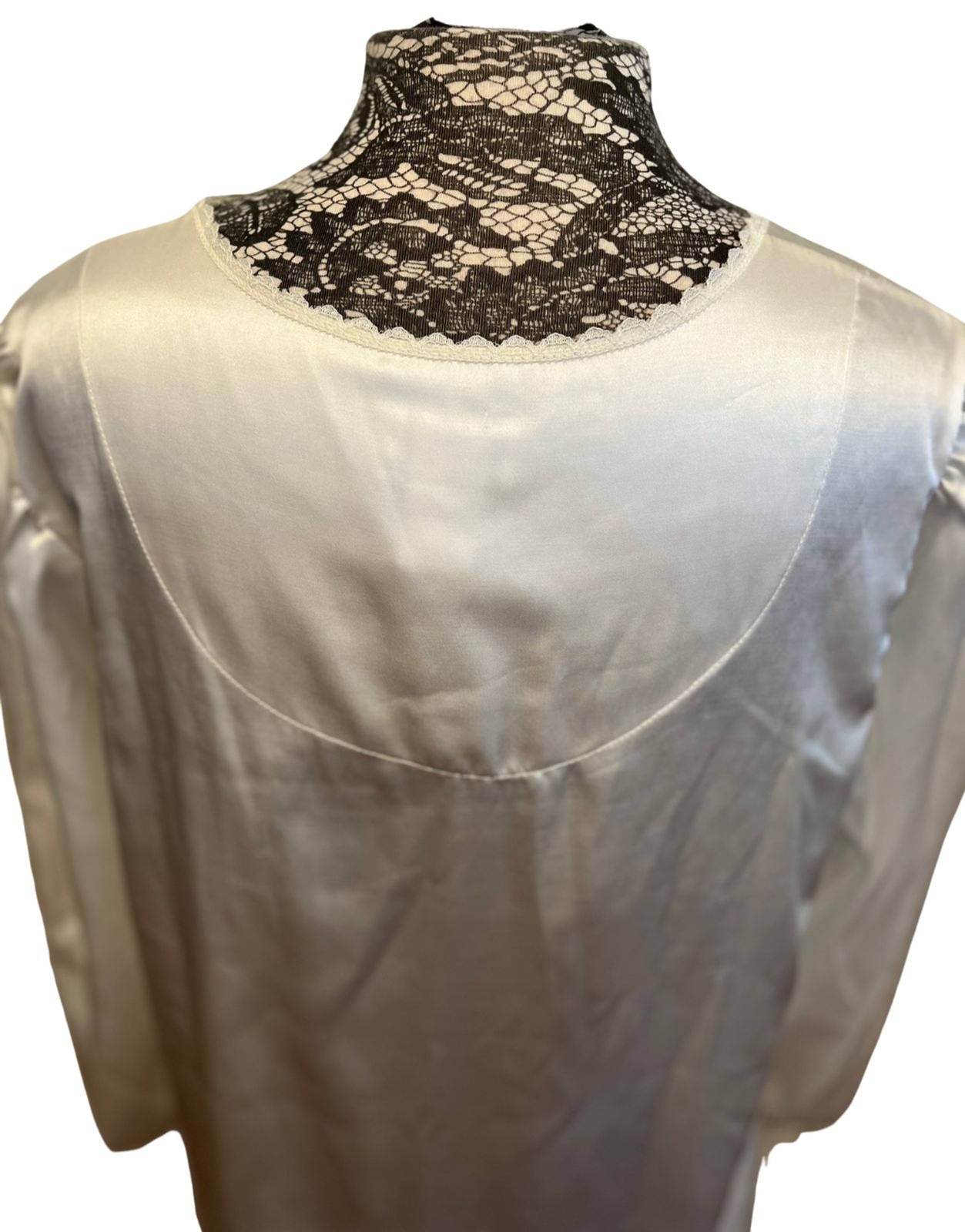 Vintage 80s Pajama Shirt Blouse Satin Long Sleeve White Lace Rose Ribbon Bow S