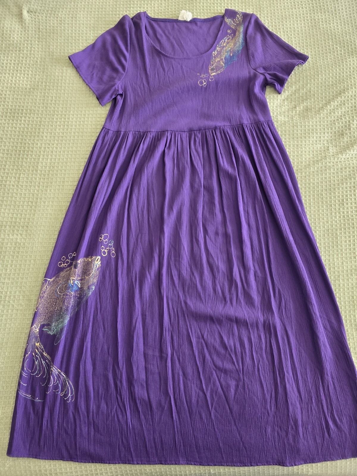 Vintage 80s 90s Purple Rayon Dress Hand Painted Fish Womens Large XL Whimsical