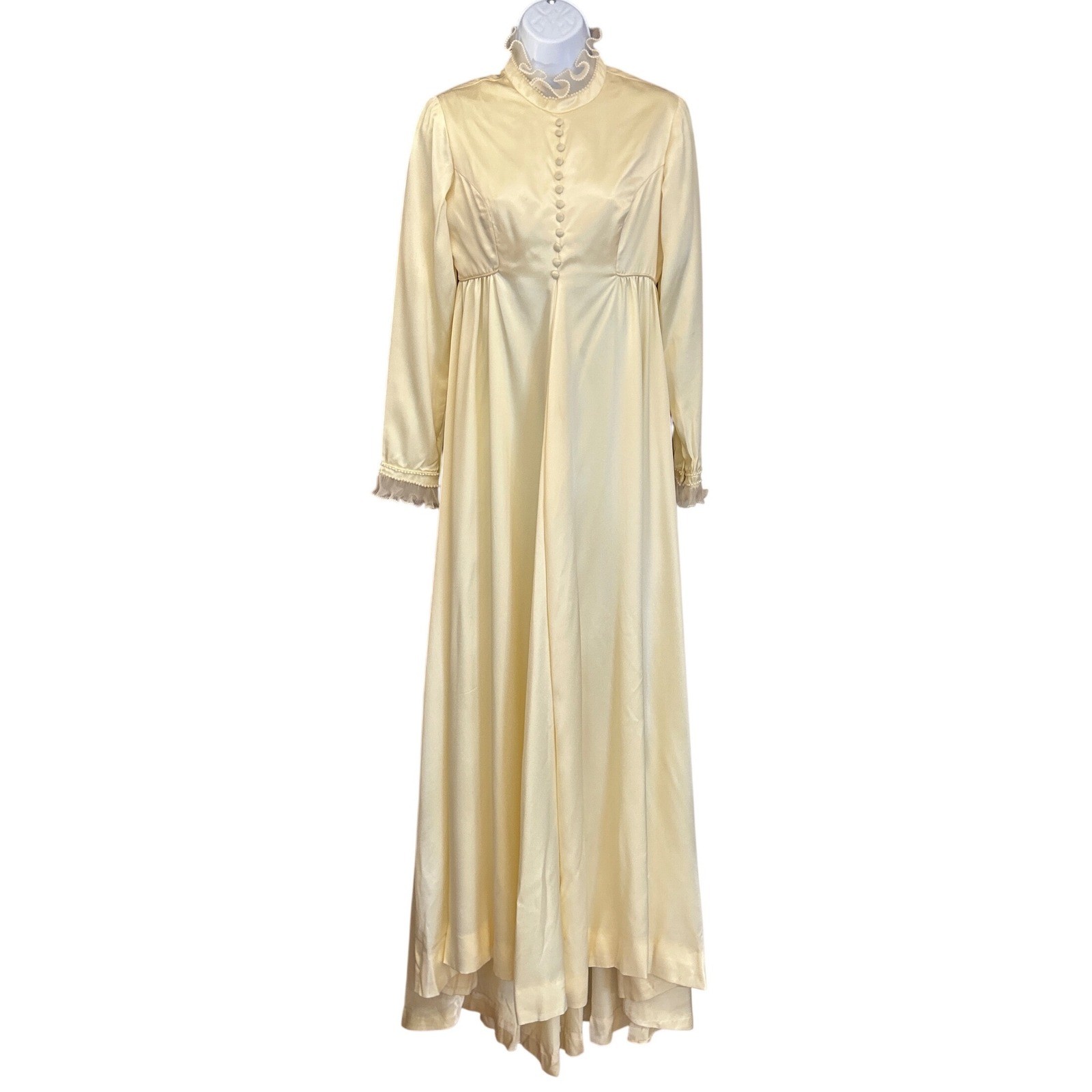 Vintage Unbranded Maxi Dress Victorian Regencycore Cream Satin Pearl Trim Gown