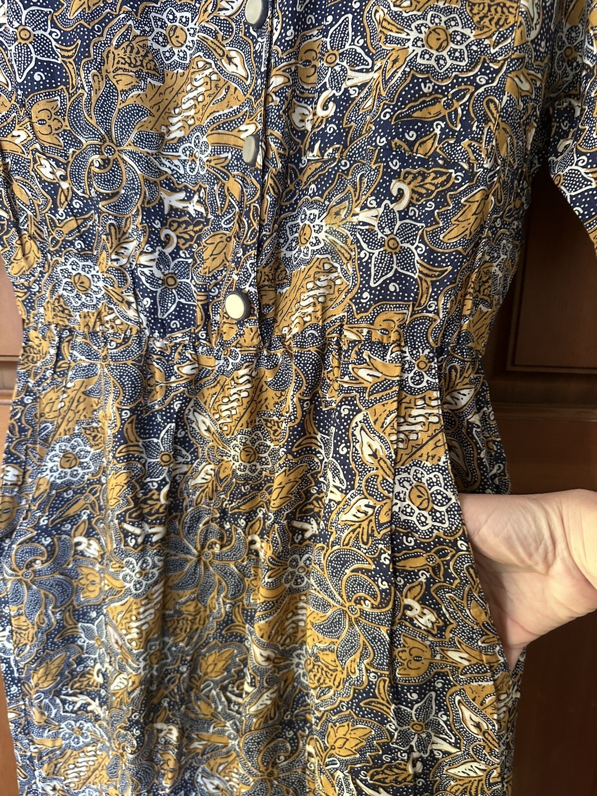 Vintage 80s Does 40s Hearts Midi Wiggle Pencil Dress Rayon Navy Gold Size 4 Or 6