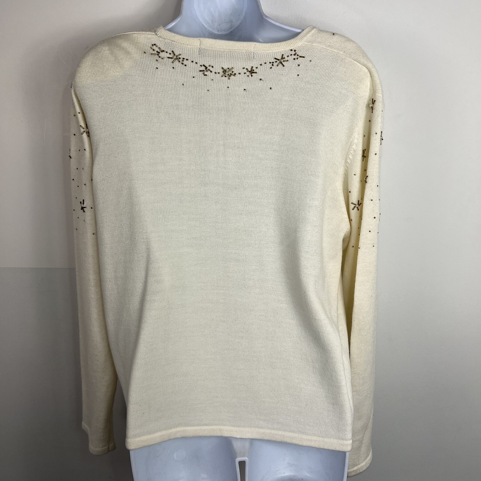 Karen Scott Cardigan sz L Ivory Gold Embroidered Snowflake 90s Retro VINTAGE vtg
