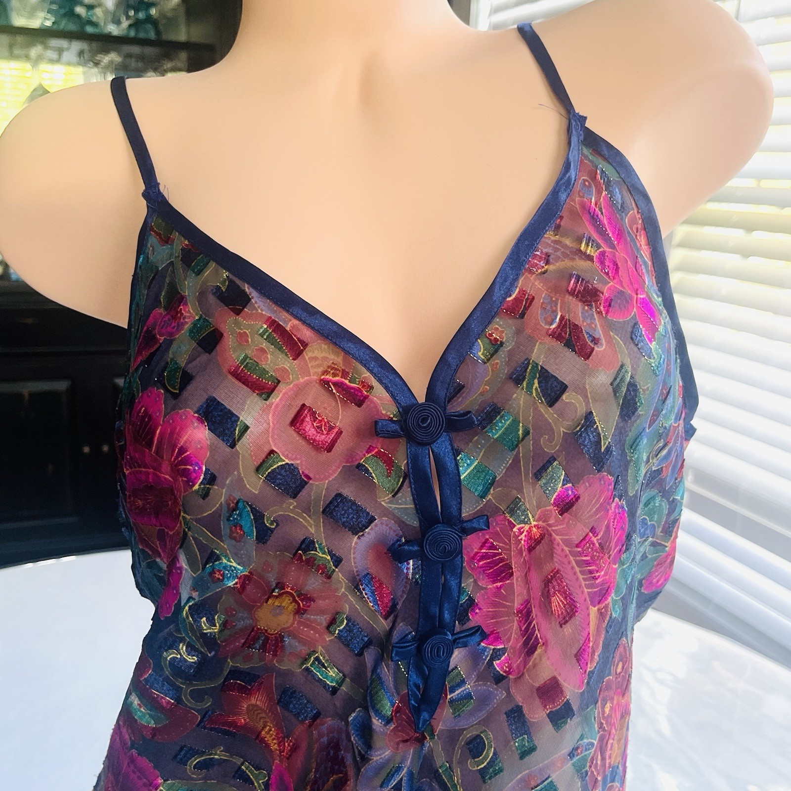 VTG Y2K Nightie Babydoll Slip Semi Sheer Satin Burnout Colorful Sz L