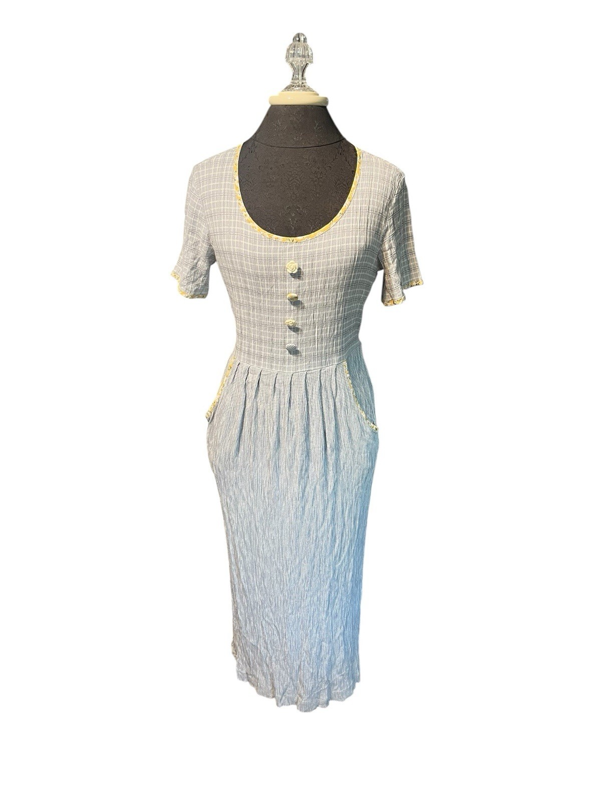 Vintage Carol Anderson Rayon Acetate Blue Plaid Midi Dress Small