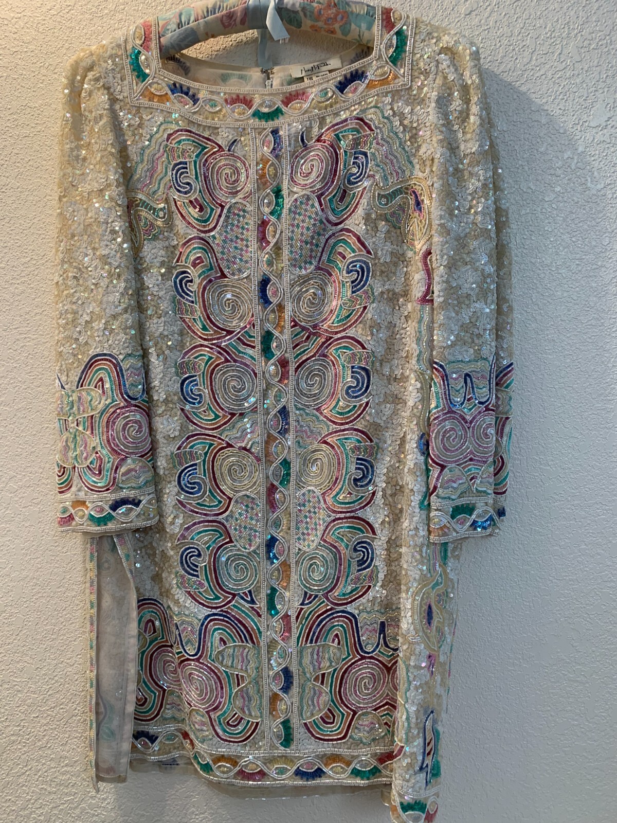 Vintage heavily beaded fabulous Mary McFadden tunic sz 16 pre owned cream/multi