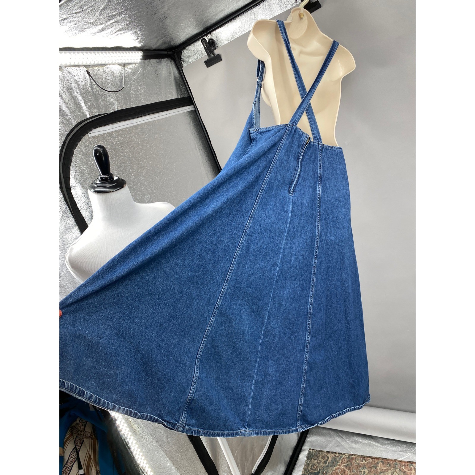Forenza Denim Pinafore Suspender Skirt Dress Womens 14 Vtg 90s Overall Midi Bibs