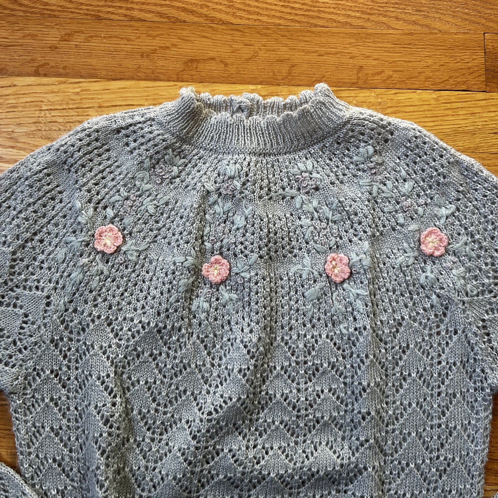 VTG 70s Embroidery Flower Sweater Michael Milea Pointelle Grandma Cottage Core