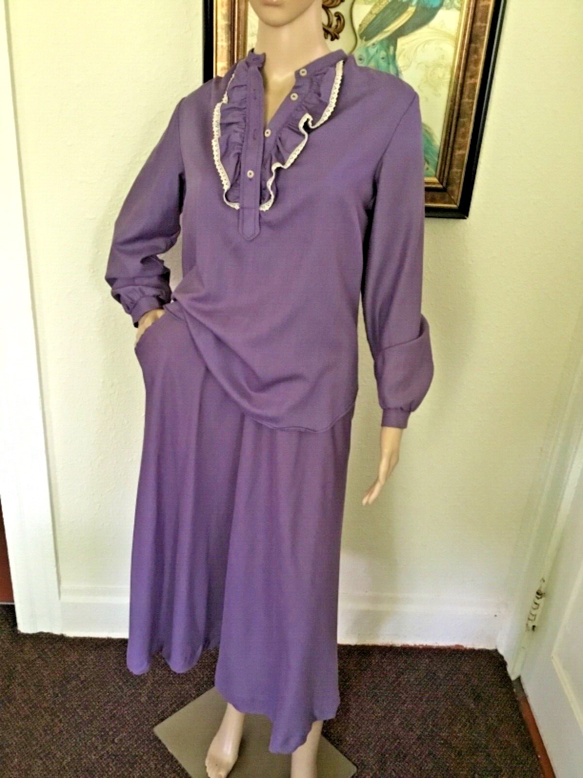 70’s Vintage Purple Boho Lace Ruffle Western Blouse Midi Skirt Set