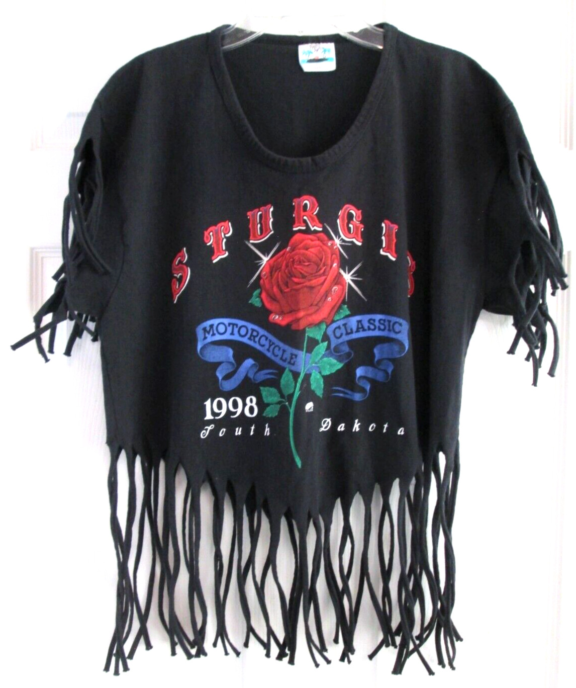 Vtg 90s STURGIS T Shirt Dated 1998 CROPPED Distressed FRINGE Womens One Size