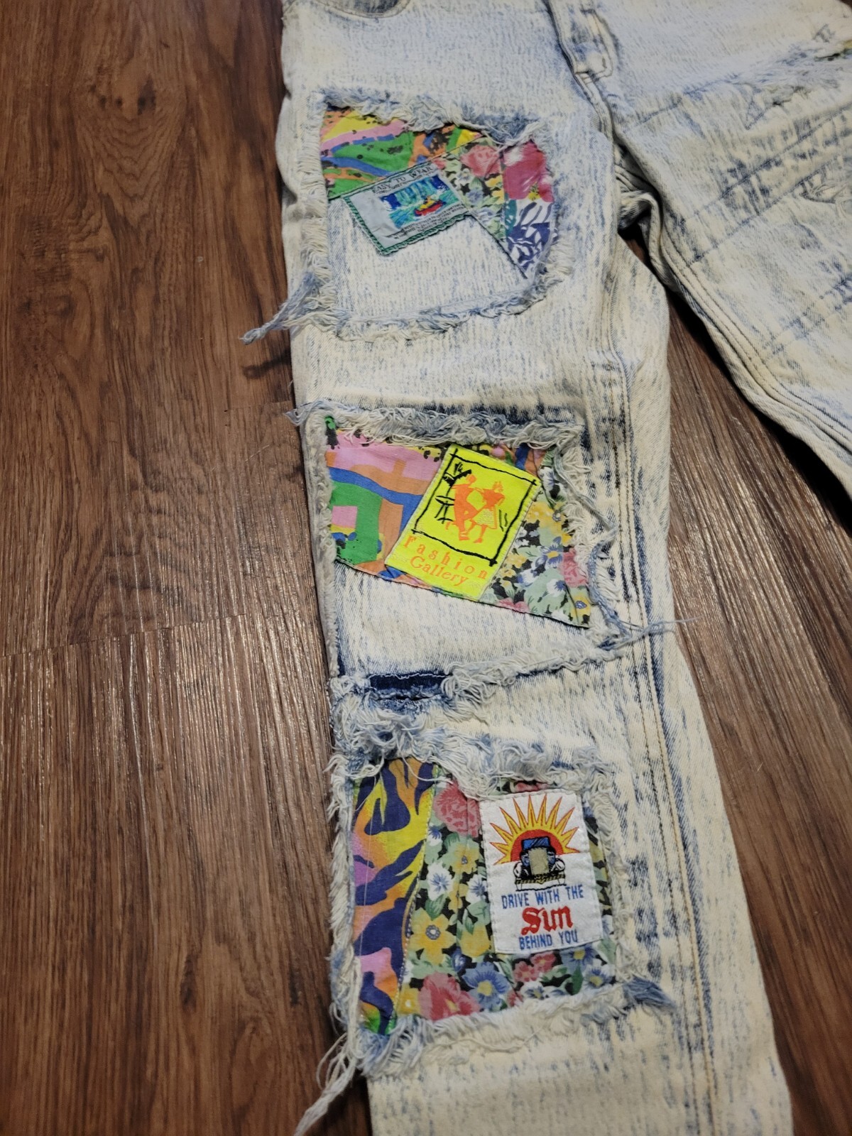 Vintage 90s Acid Stonewashed Jeans Speed Denim Sz 11/12 Frayed Patch Stretch 80s
