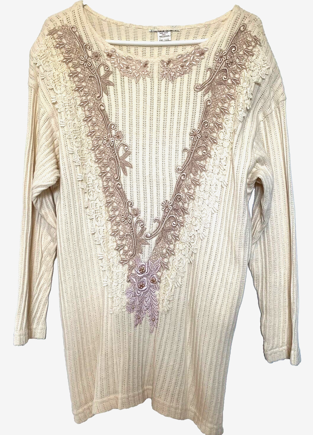 VTG Mexico Beaded Silk Embroidery Lace Adorned Sweater L/XL Cotton Blend 90s