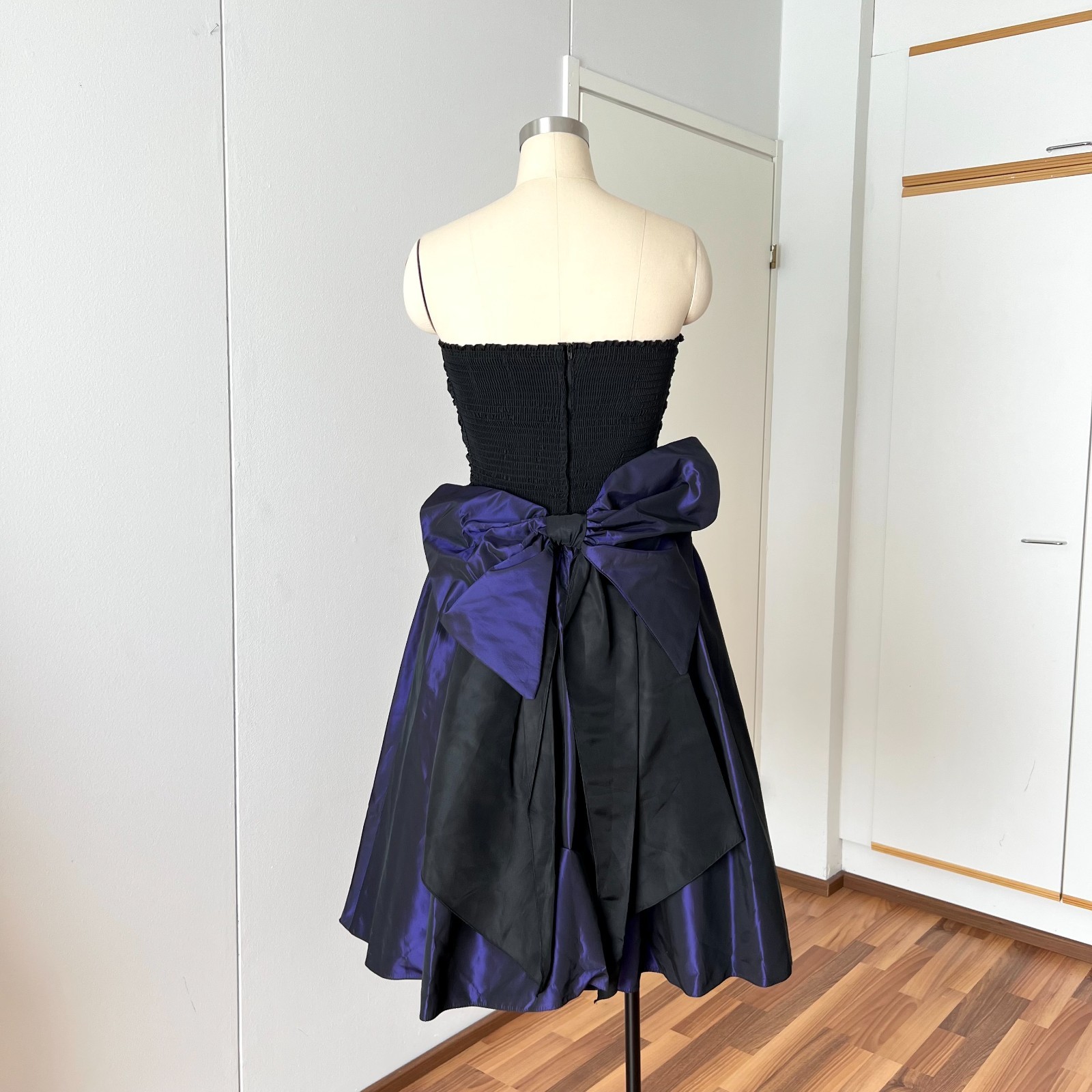 1980s Taffeta Prom Party Dress Bow Back Ruched Cocktail Strapless Gown EU 36