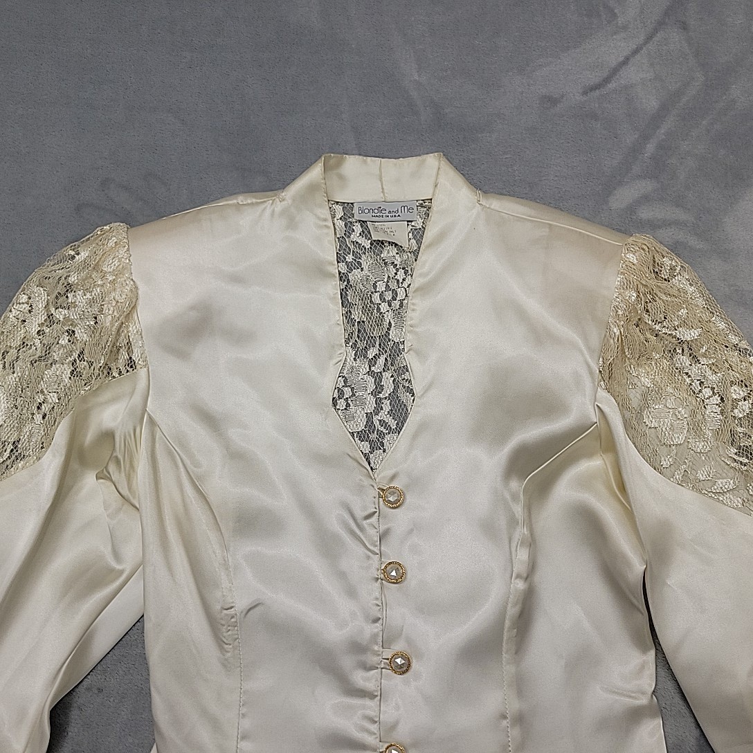 Vintage Blondie And Me Shirt Womens M Ivory Satin Lace Corset Back Made In USA
