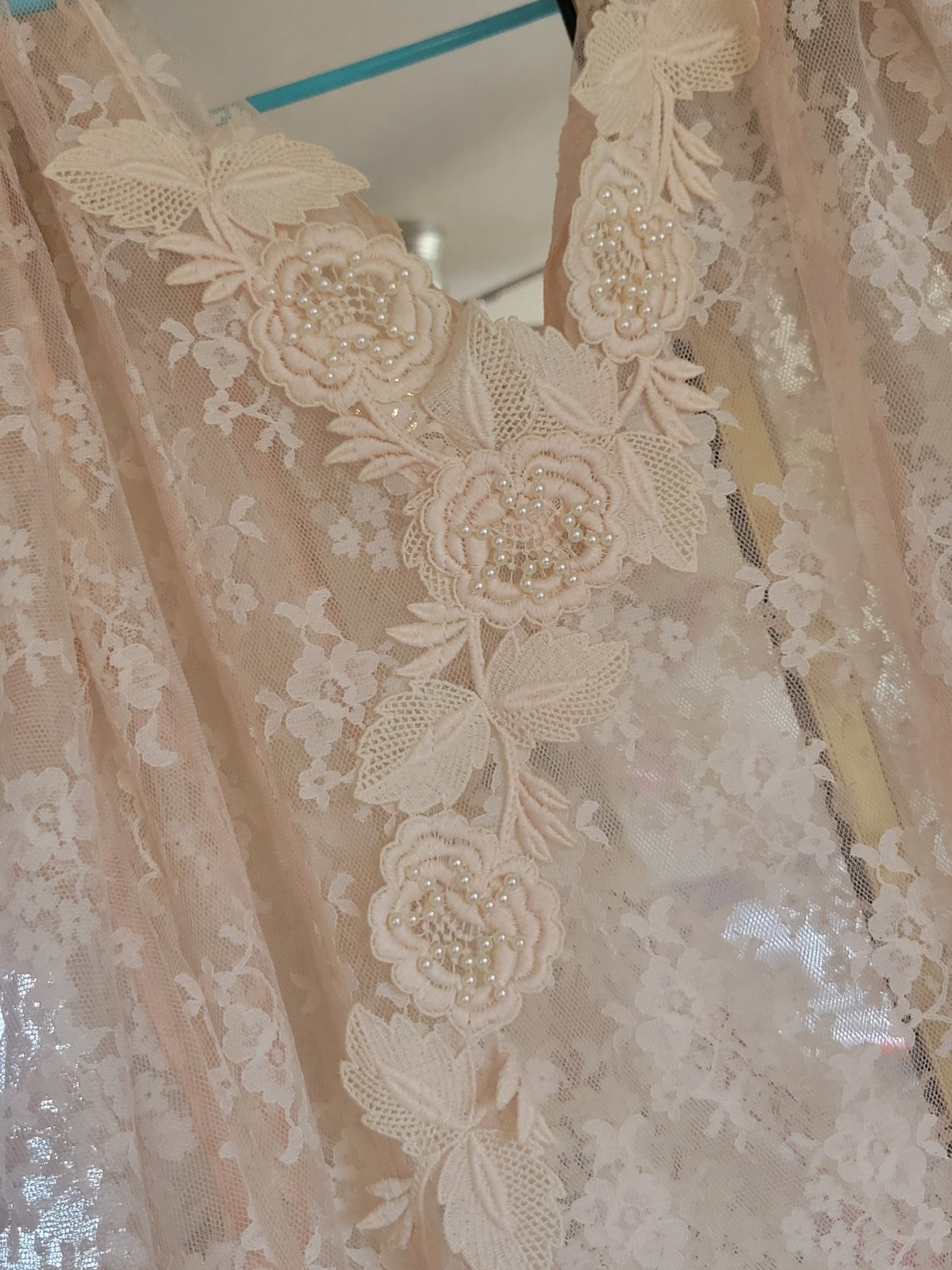VINTAGE 1970S LORRIE KABALA SHEER NUDE LACE WEDDING DRESS Size XS BEAUTIFUL