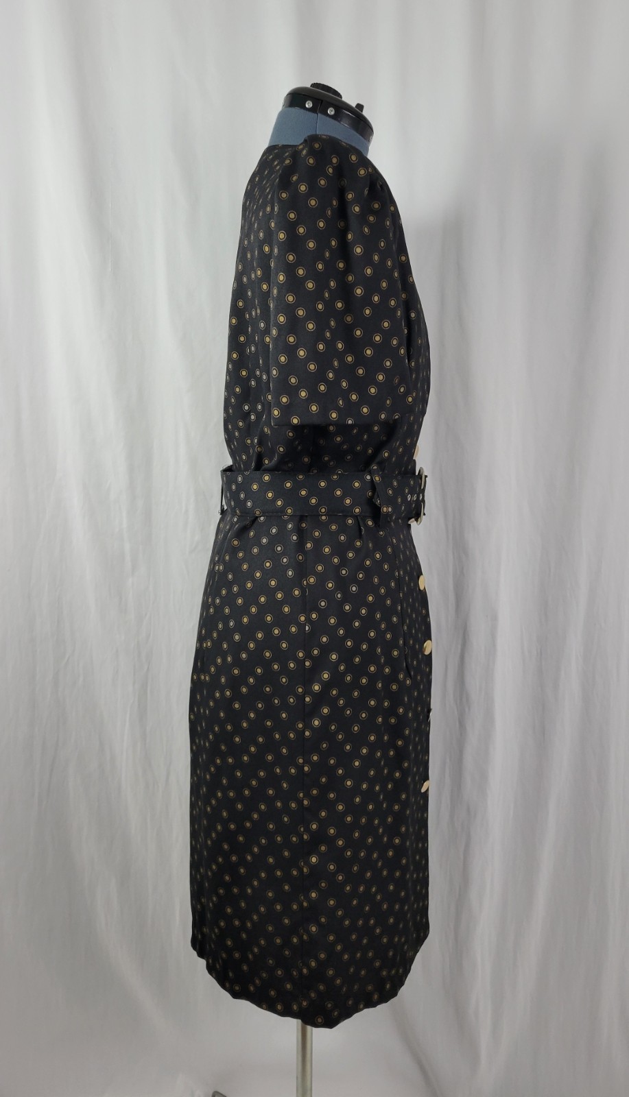 Vtg Whirlaway Frocks Black Sheath Dress w Gold Pattern, Belt & Dickey Size 14