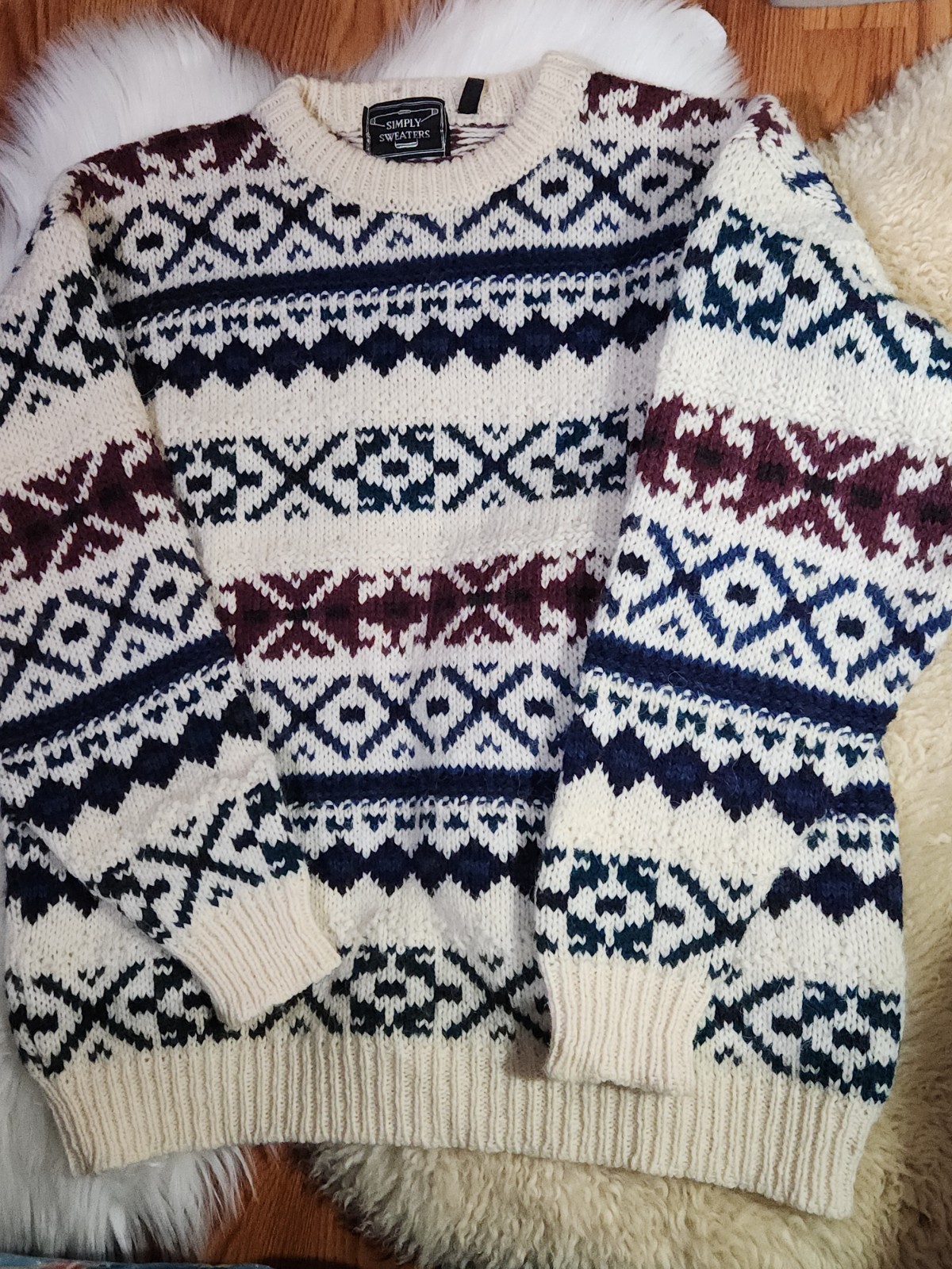 Vintage XL Pure Wool Knitted Winter Sweater Made In Uk Thick And Warm 80-90s