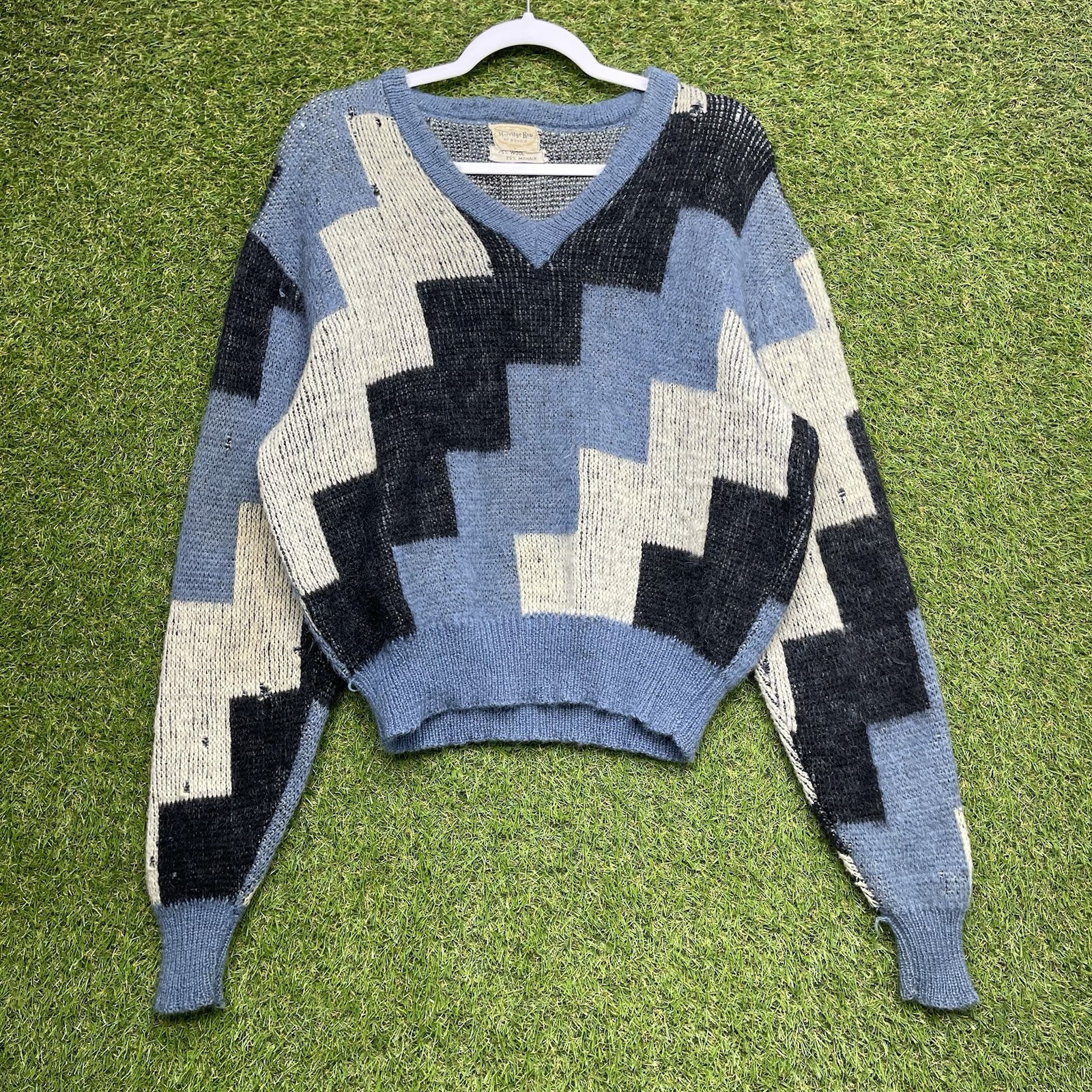 Vintage 80s Mohair Sweater Womens Medium Cropped Coogi Geometric 90s Wool Knit