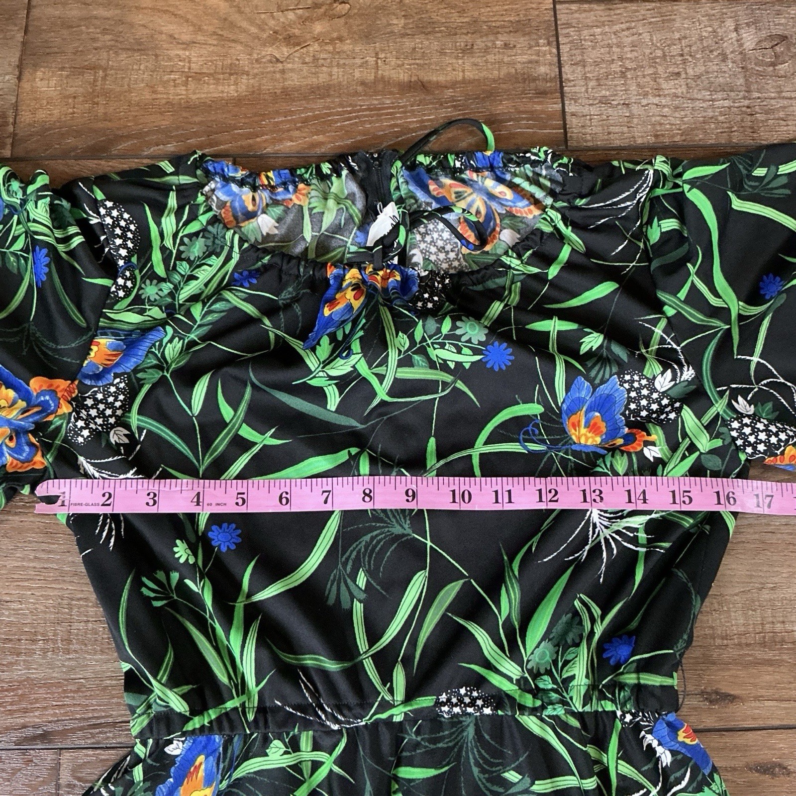 70s VINTAGE Yves Jennet Tropical Floral Midi Dress Size 14 Black Butterfly #6D6