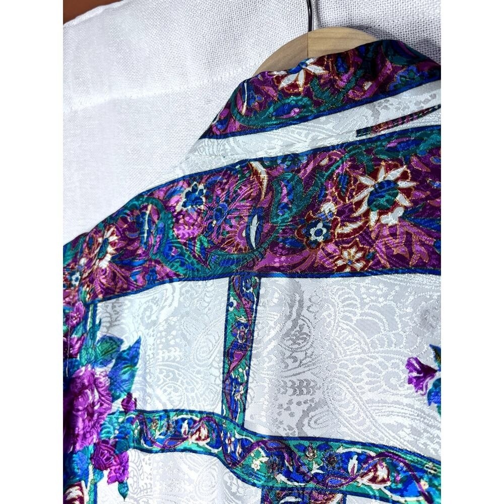 Vintage 80s Schrader Silver Purple Floral Satin Long Sleeve Midi Dress