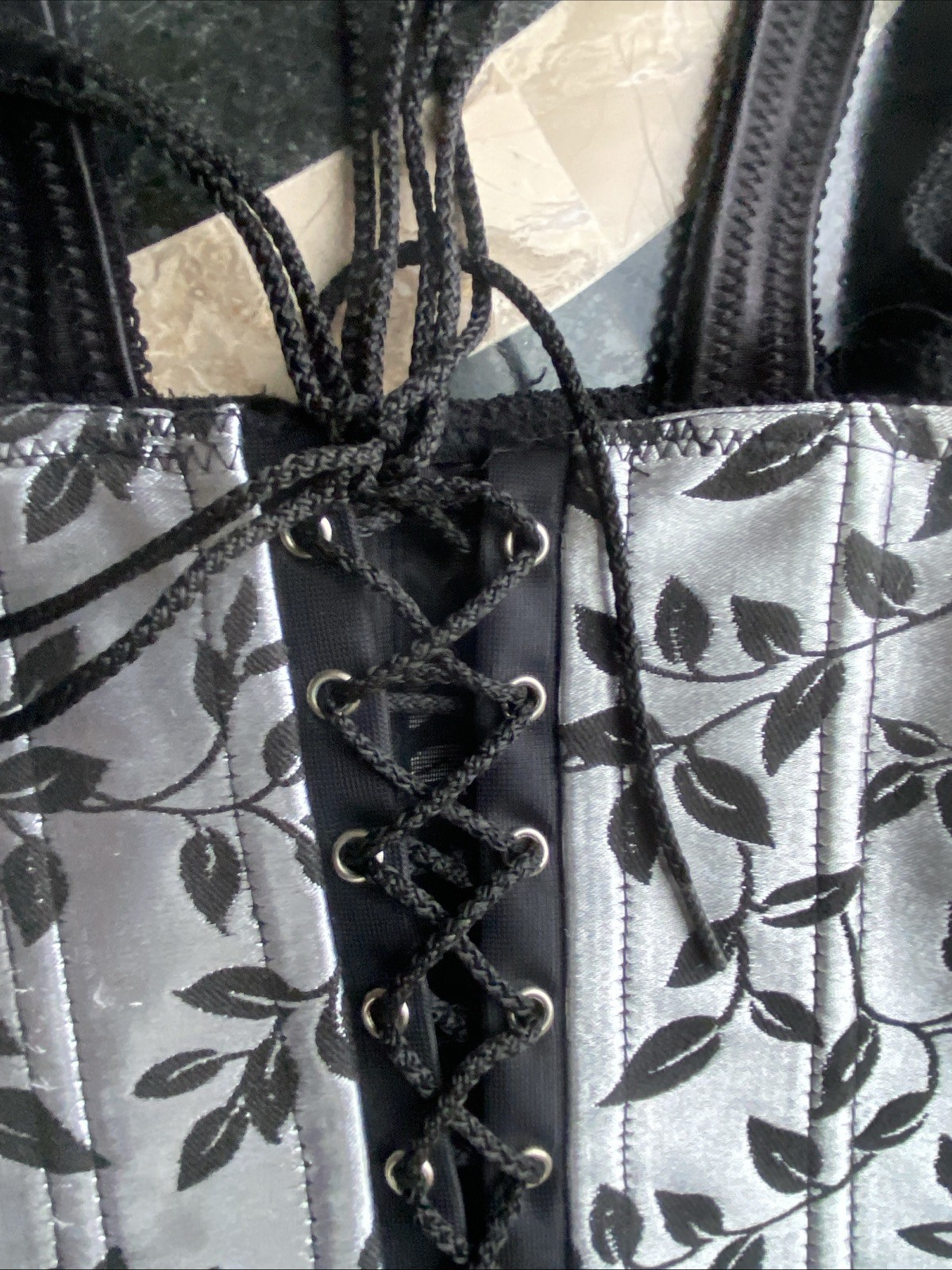 Vintage Corset Top 90s Black Silver Coquette Floral Lace Up Fairy Size 38 Large