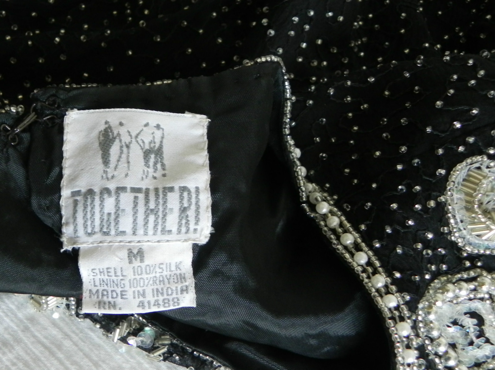 Vtg Together Top Silk Bead/Sequin Trim Padded Shoulder/Long Sleeve Lined Size M
