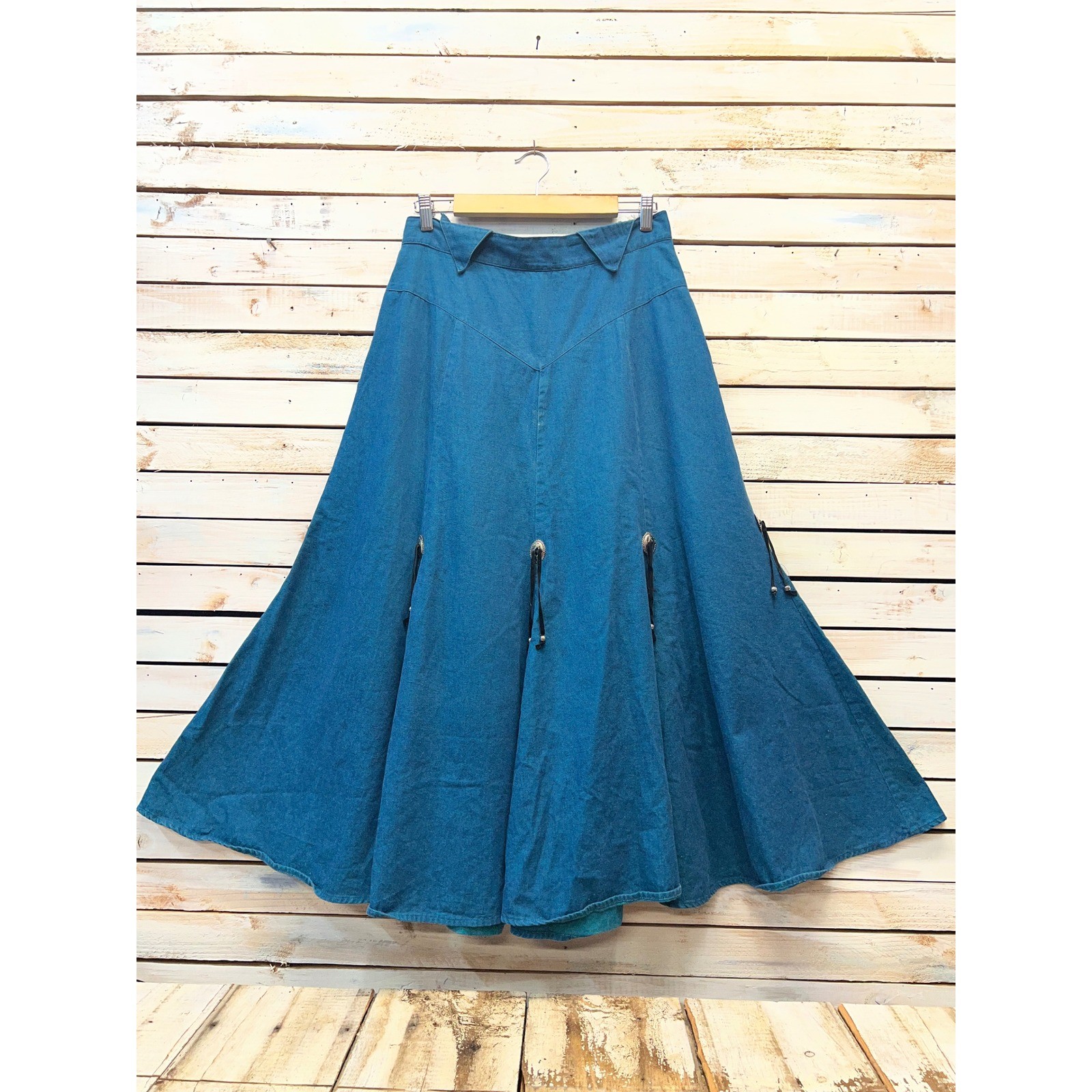 Vintage Blue Cotton Denim Maxi Skirt Western Concho Boho Full Sweep Size 12