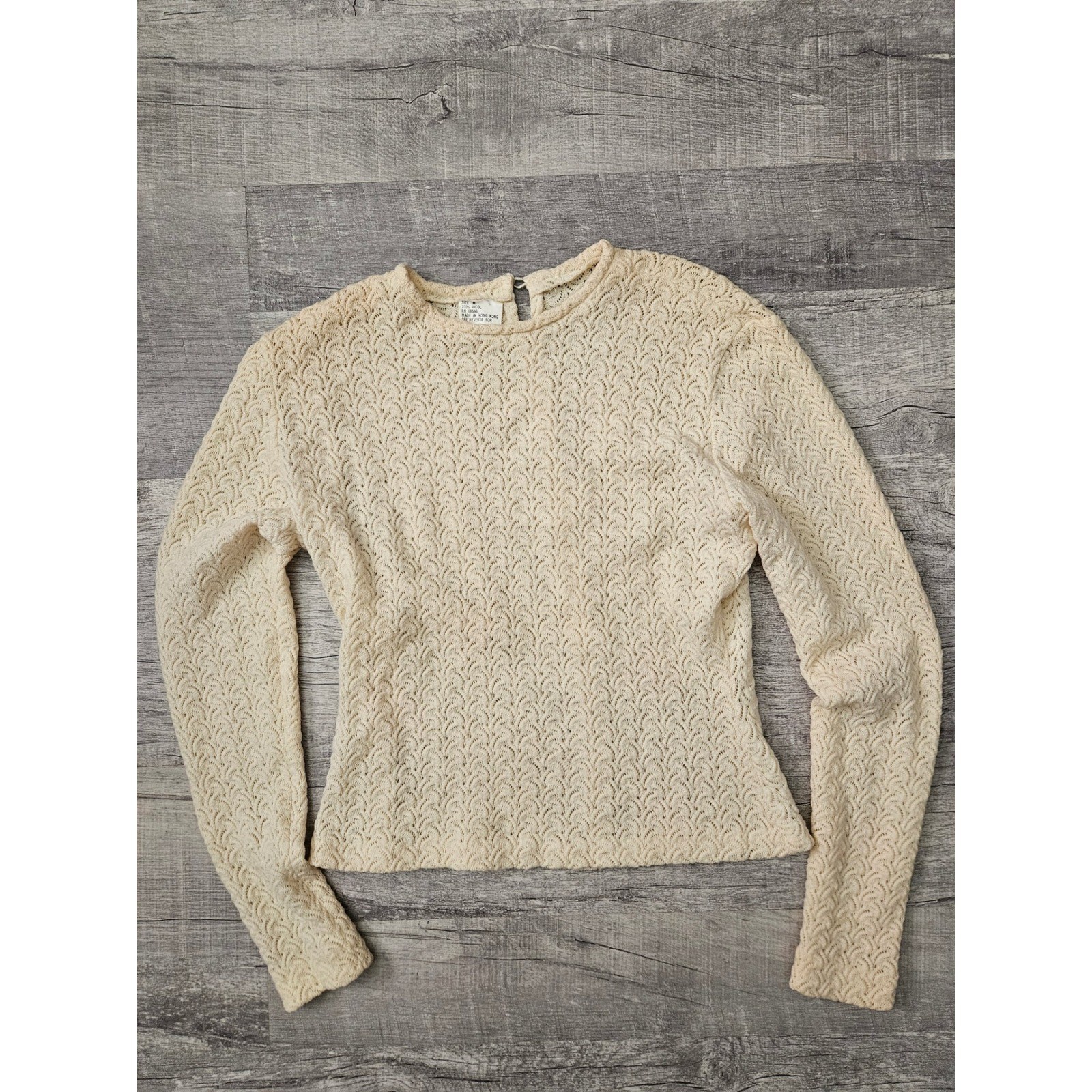 Vintage 100% Wool Cream Open Knit Long Sleeve Sweater Top Size Medium