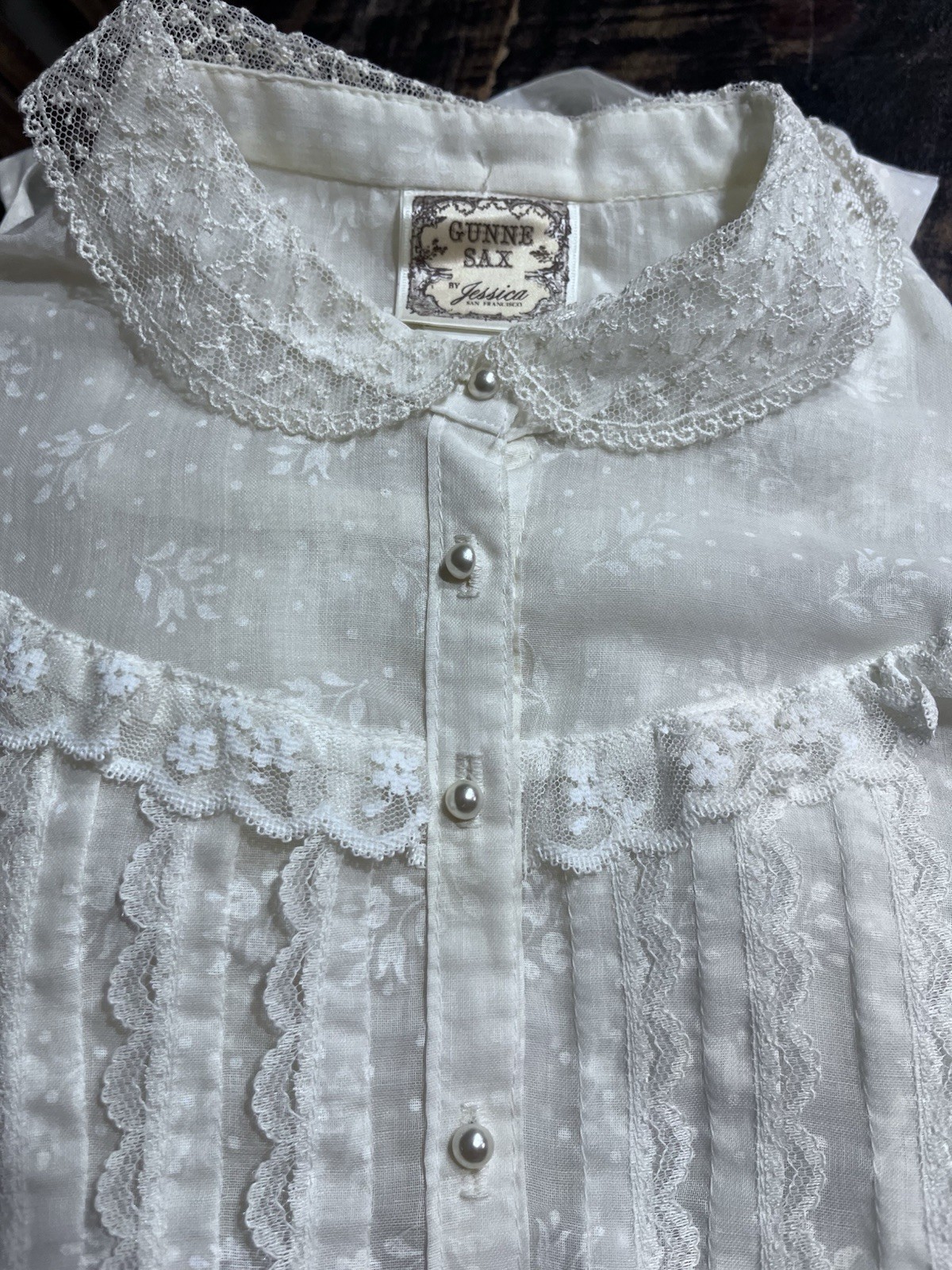 Vintage Gunne Sax by Jessica McClintock Floral Lace Sleeve Pearl Dress Size 9