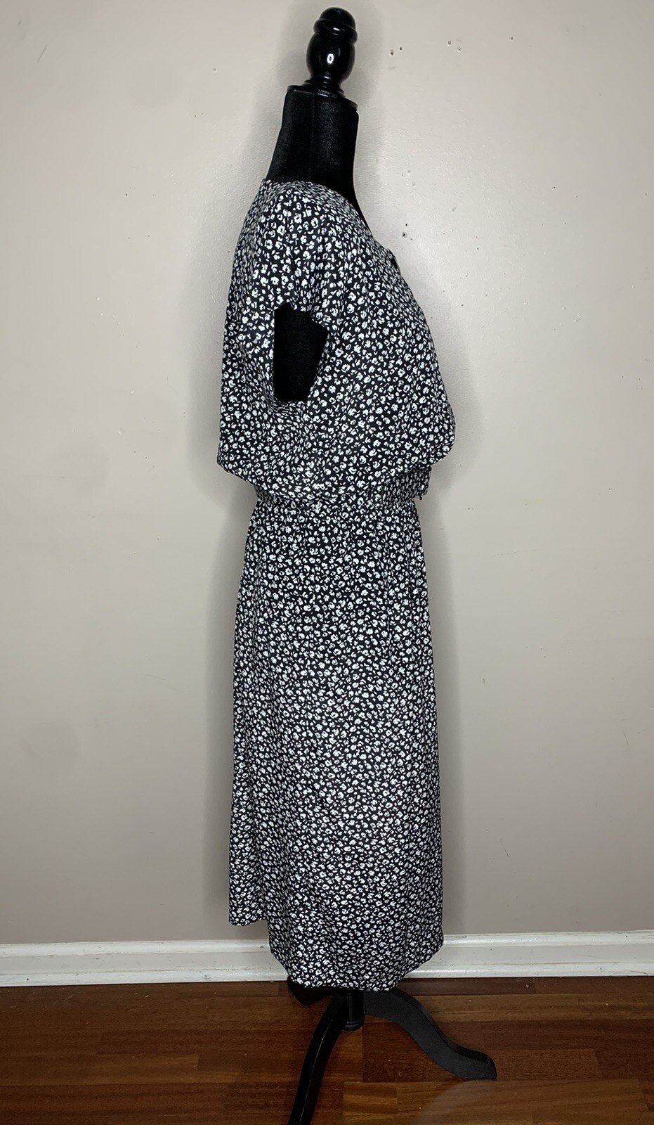 Vintage 80s Pellini Von Bramlett Black White Floral Belted MIDI Dress USA Sz 7/8