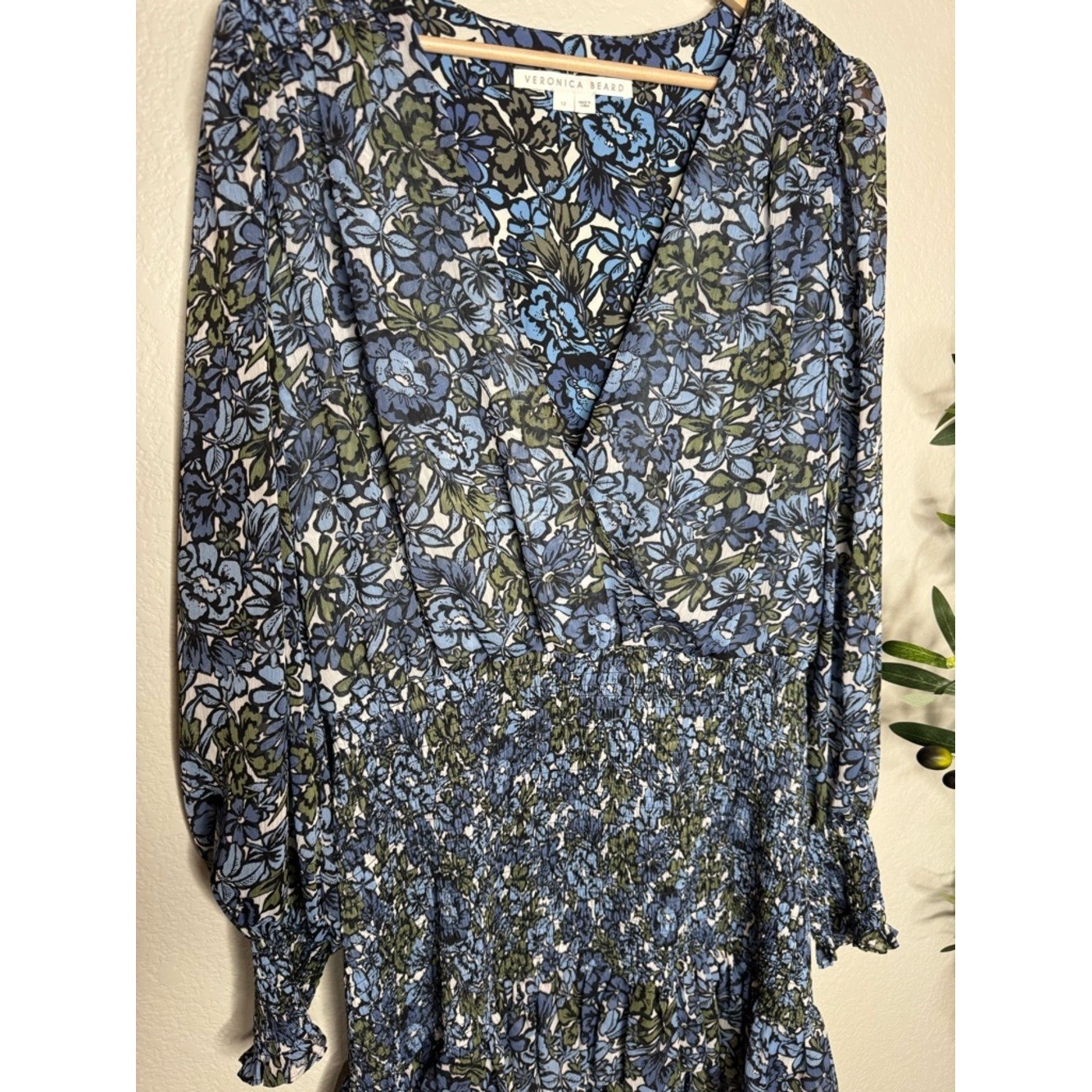 Veronica Beard Blue Floral Smocked Mini Dress Size 12 Long Sleeve Boho Resort