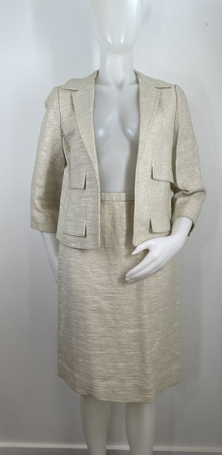 VTG 60s Jackie O Suit Skirt Set Classic Jacket Textured Cream Union Made