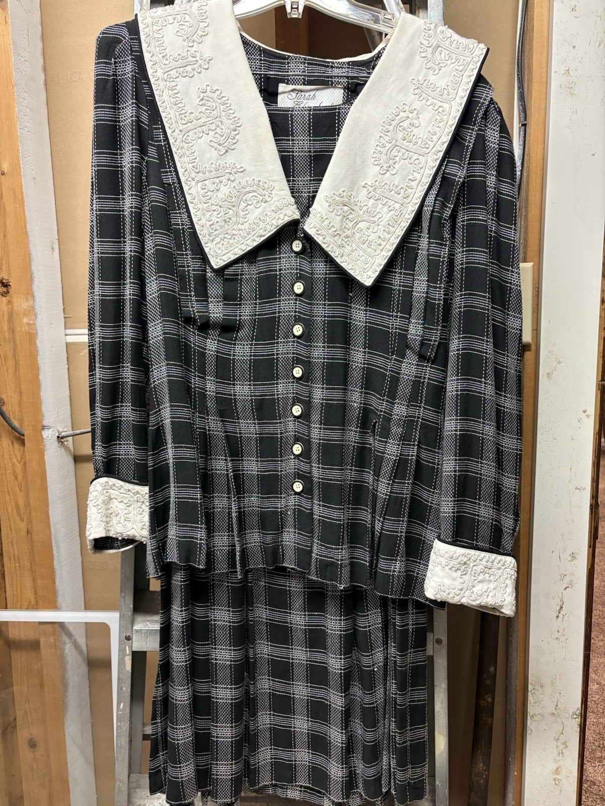 Vtg. Sarah Elizabeth Prairie 2pc Dress Embroidered Collar Sz.12 Rayon Blk& White