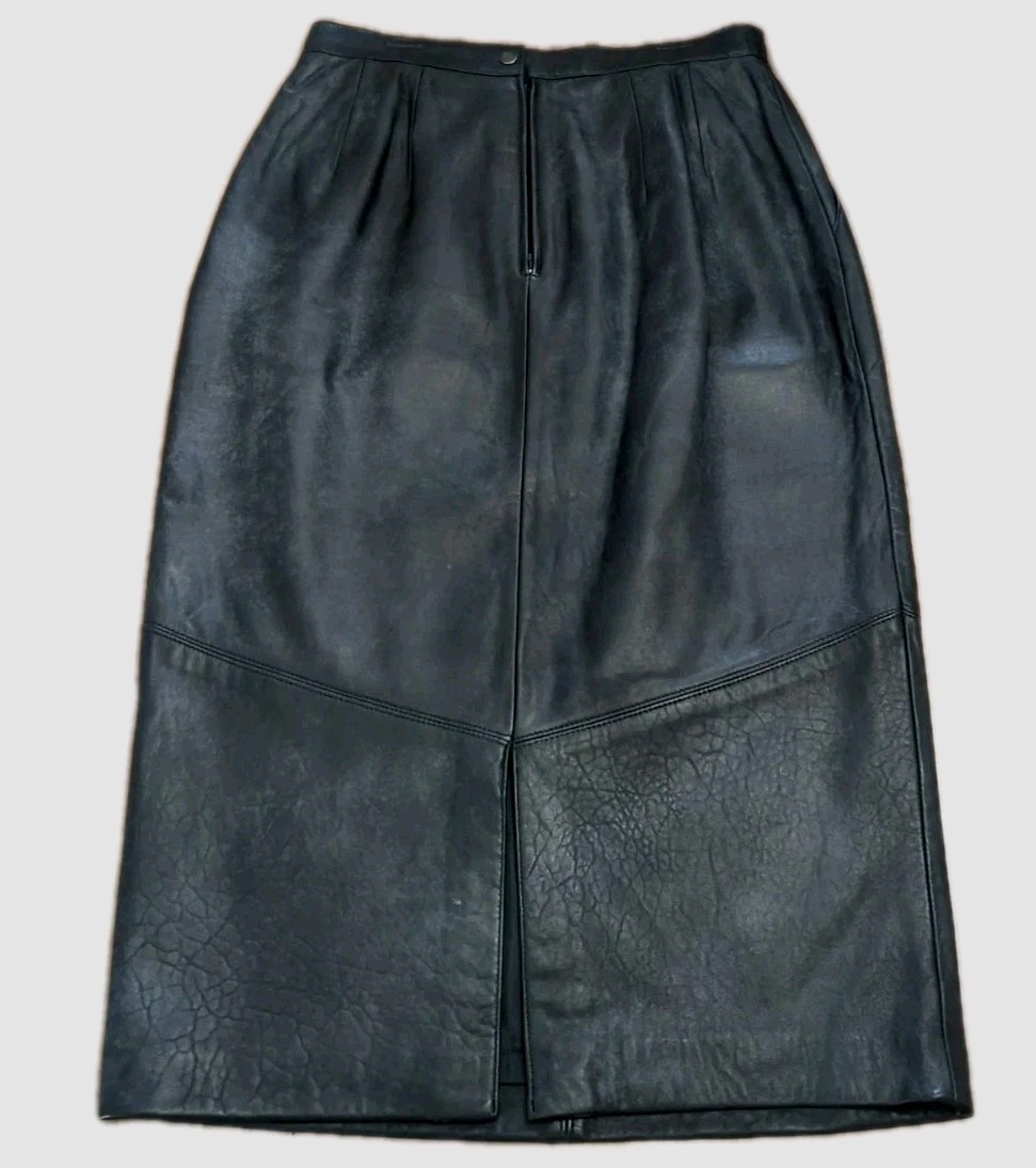 Vintage Black Leather Pencil Skirt Zipper With Snap Closure Front Slit Size 9/10