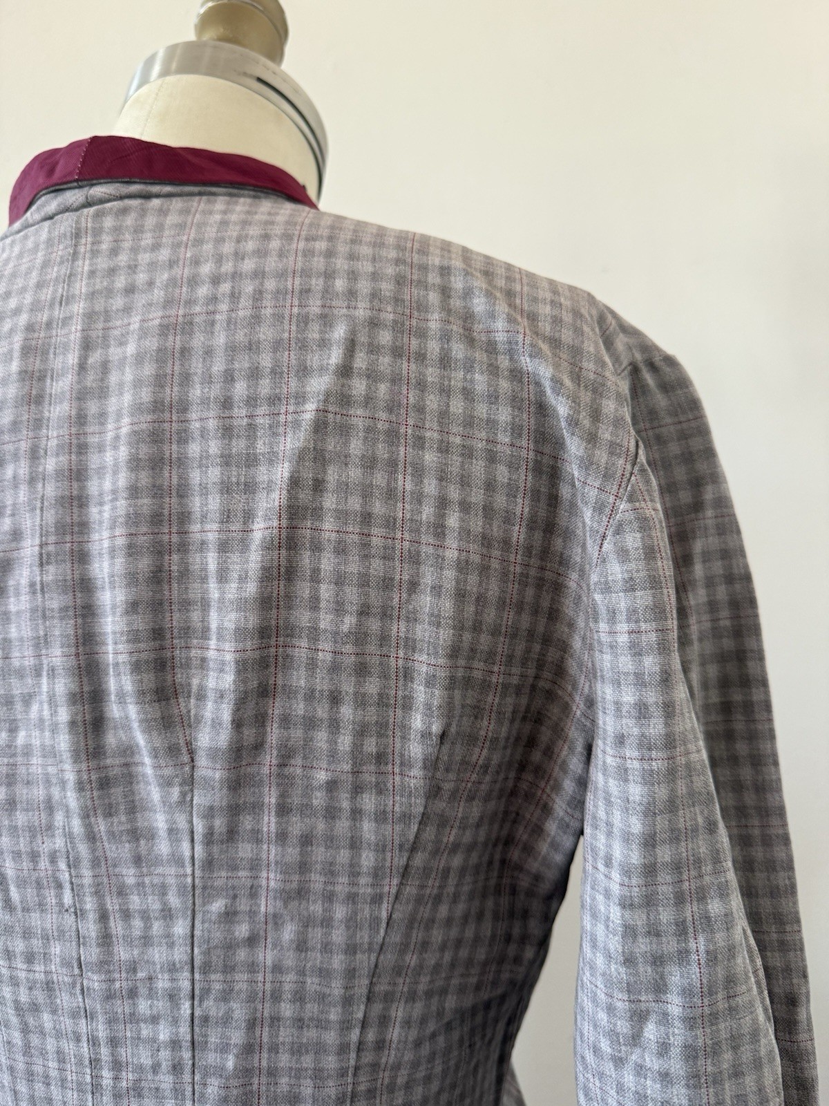 1940s Plaid Rayon Structured Peplum Jacket/Bodice Top W/ Contrast Faille Trim S