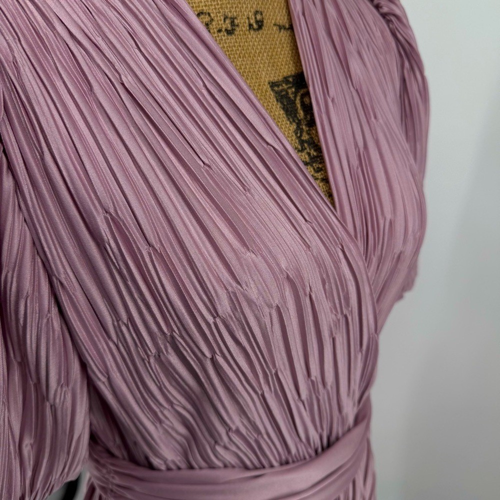 VTG 80s Crinkle Pleated Faux Wrap Style Dress Dusty Pink Chrissy Threes Company