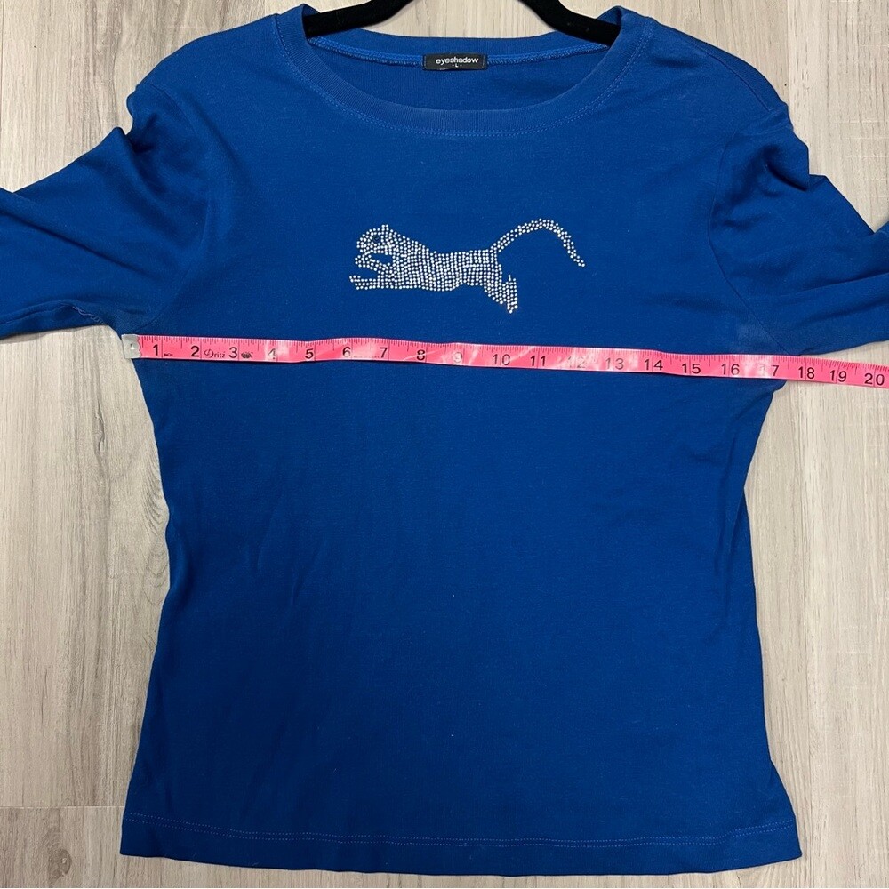 NWOT eyeshadow blue top with bling cat sz L vintage Y2K Long sleeves 100% Cotton