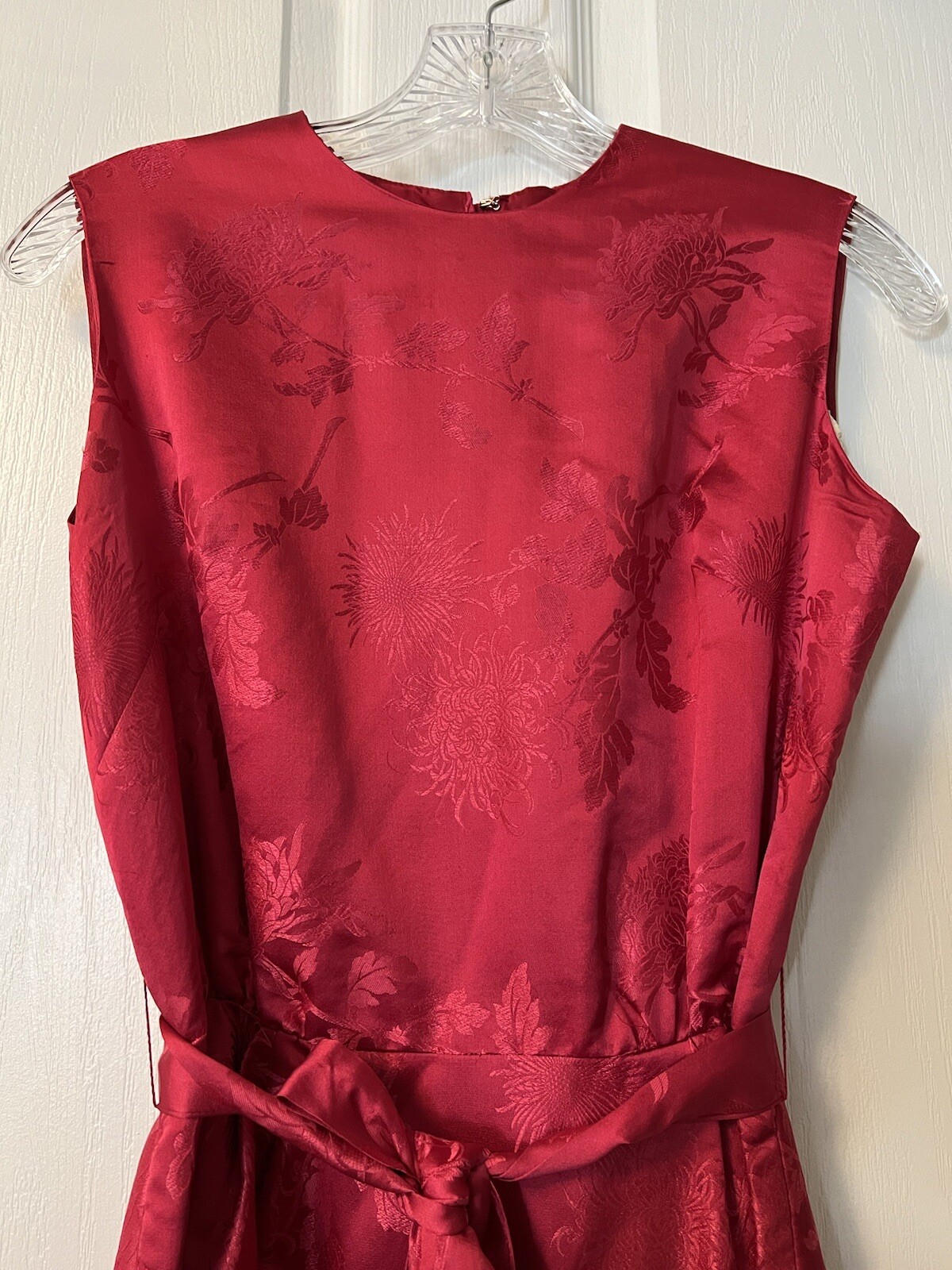 Vintage 50’s Dress Sz S Red Satin Sleeveless Tapestry Belted Cocktail Dress