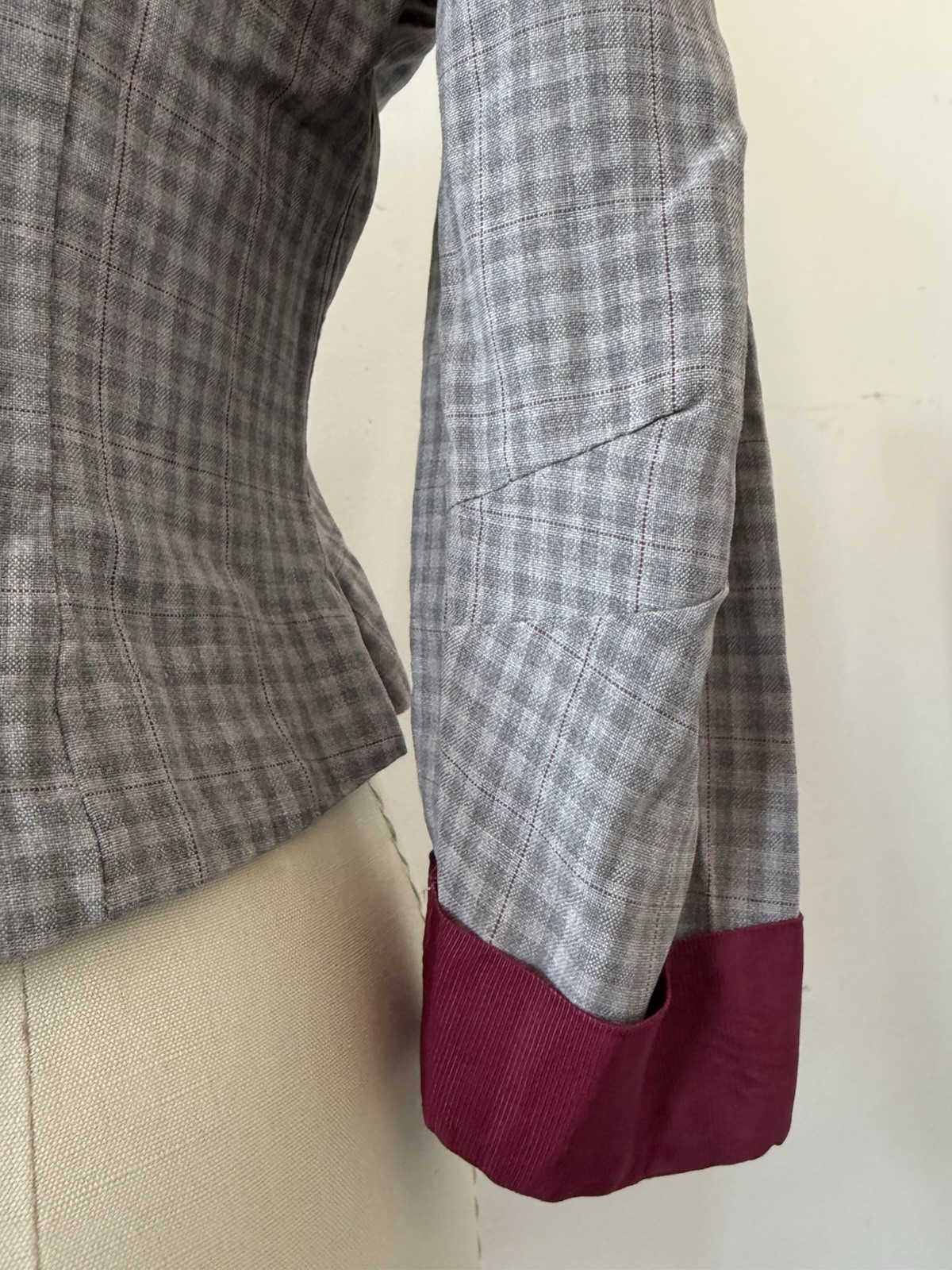 1940s Plaid Rayon Structured Peplum Jacket/Bodice Top W/ Contrast Faille Trim S