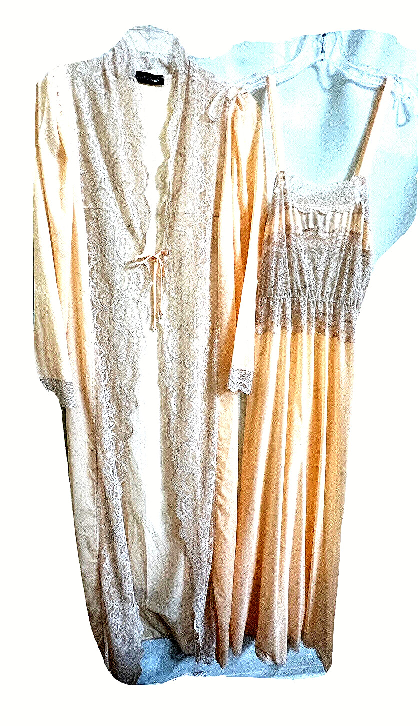 Sheer Madness Peach Satin Lacy Long Nightgown Matching Robe Set P / Petite VTG